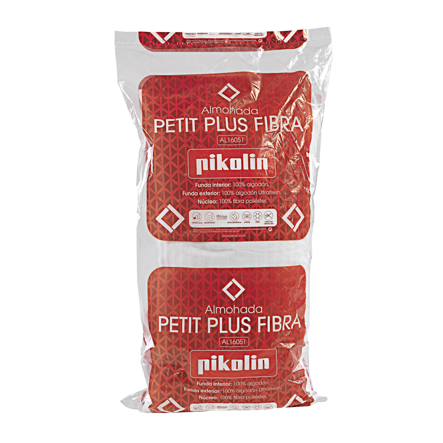 Bolsa con dos almohadas, rojo y blanco, con logo Pikolin e información del producto.