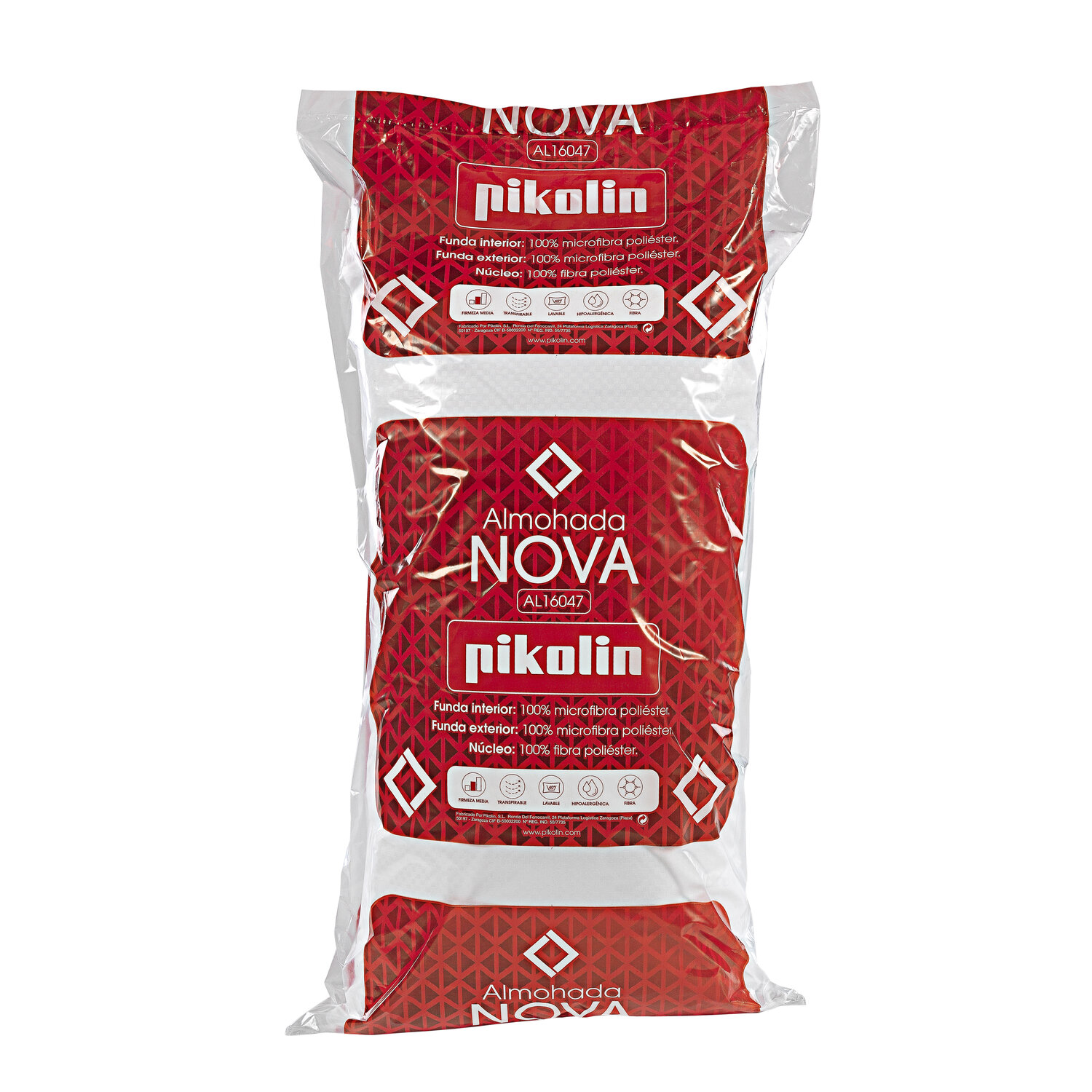 Dos almohadas en embalaje rojo con marca blanca NOVA y Pikolin.
