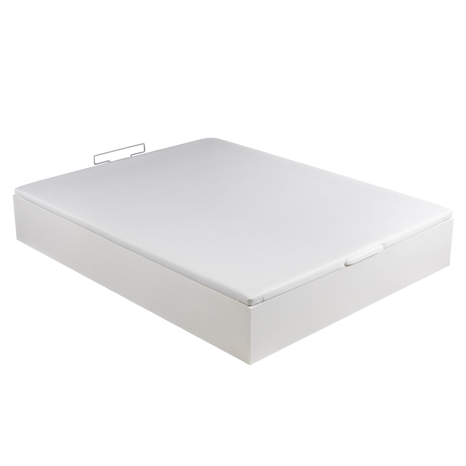 Una base de cama blanca con colchón y barra de retención.