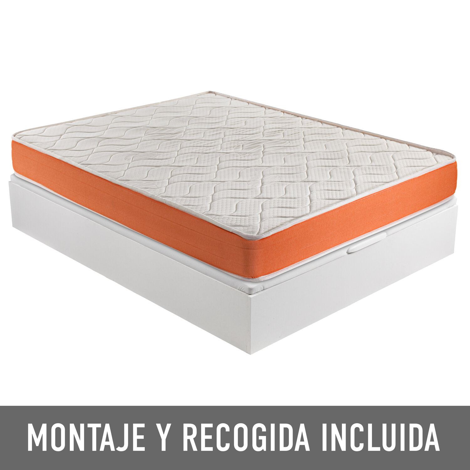 Colchón blanco con borde naranja sobre una base de cama blanca.