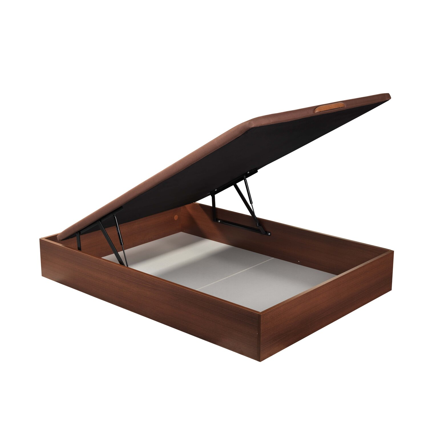 Una base de cama de madera con la tapa abierta, mostrando amortiguadores.