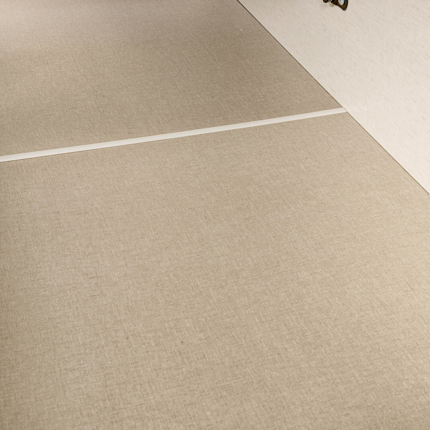 Alfombra beige con línea divisoria blanca y pared beige claro.