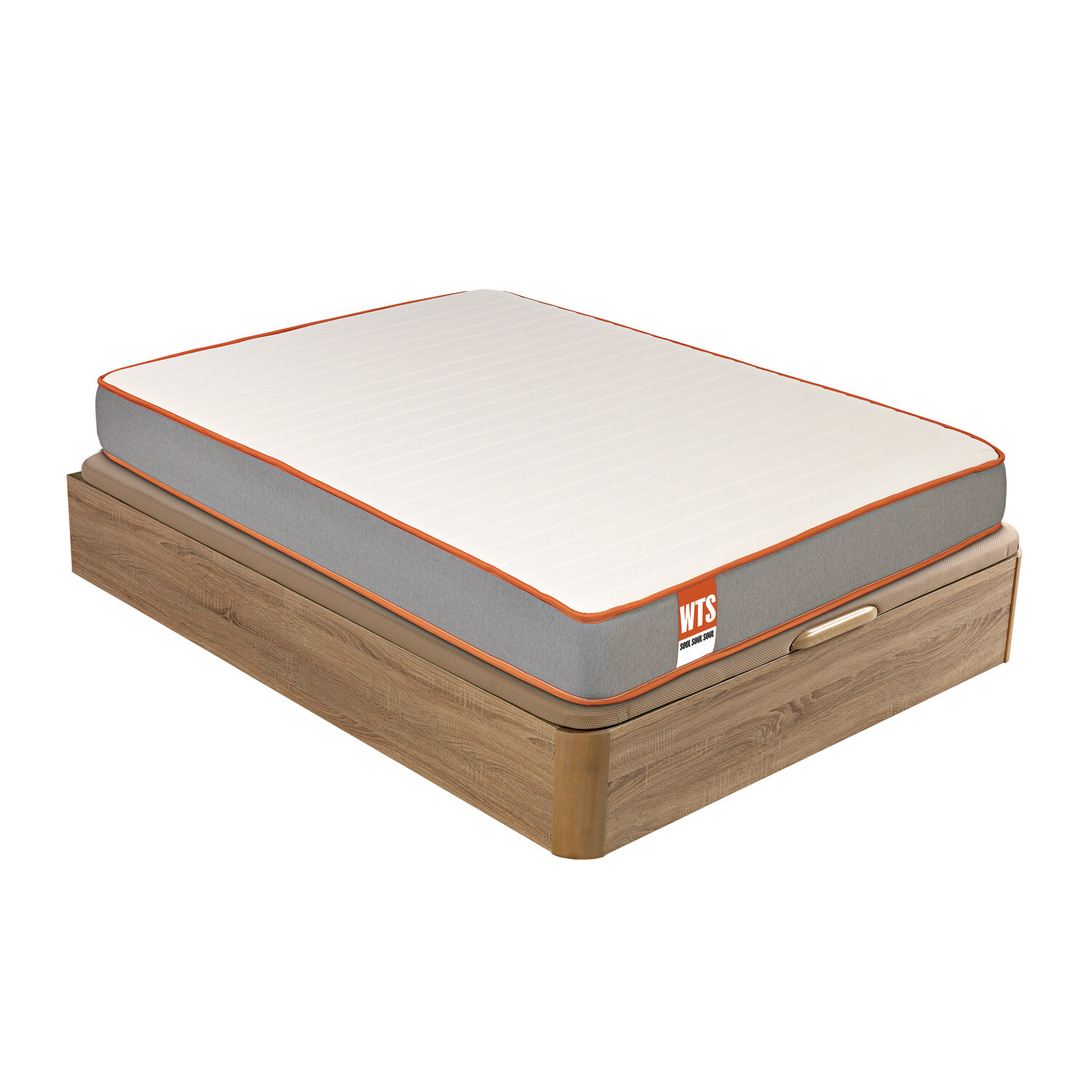 Un colchón con borde naranja sobre una base de madera con cajones.