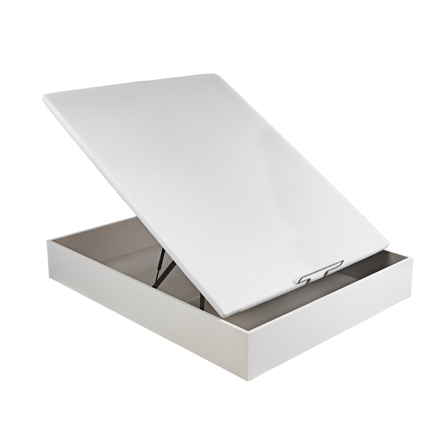 Base de cama arcón blanca con tapa abierta, sujeta por brazos metálicos.