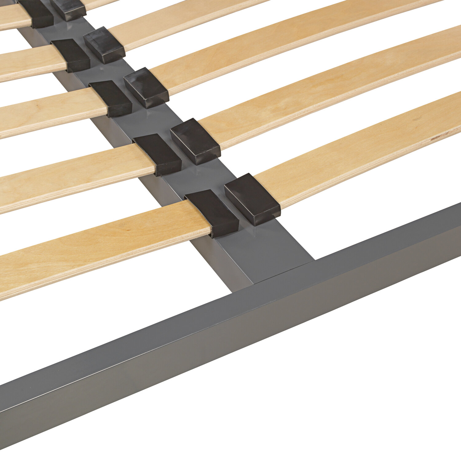 Somier de láminas de madera con marco metálico y soportes negros.