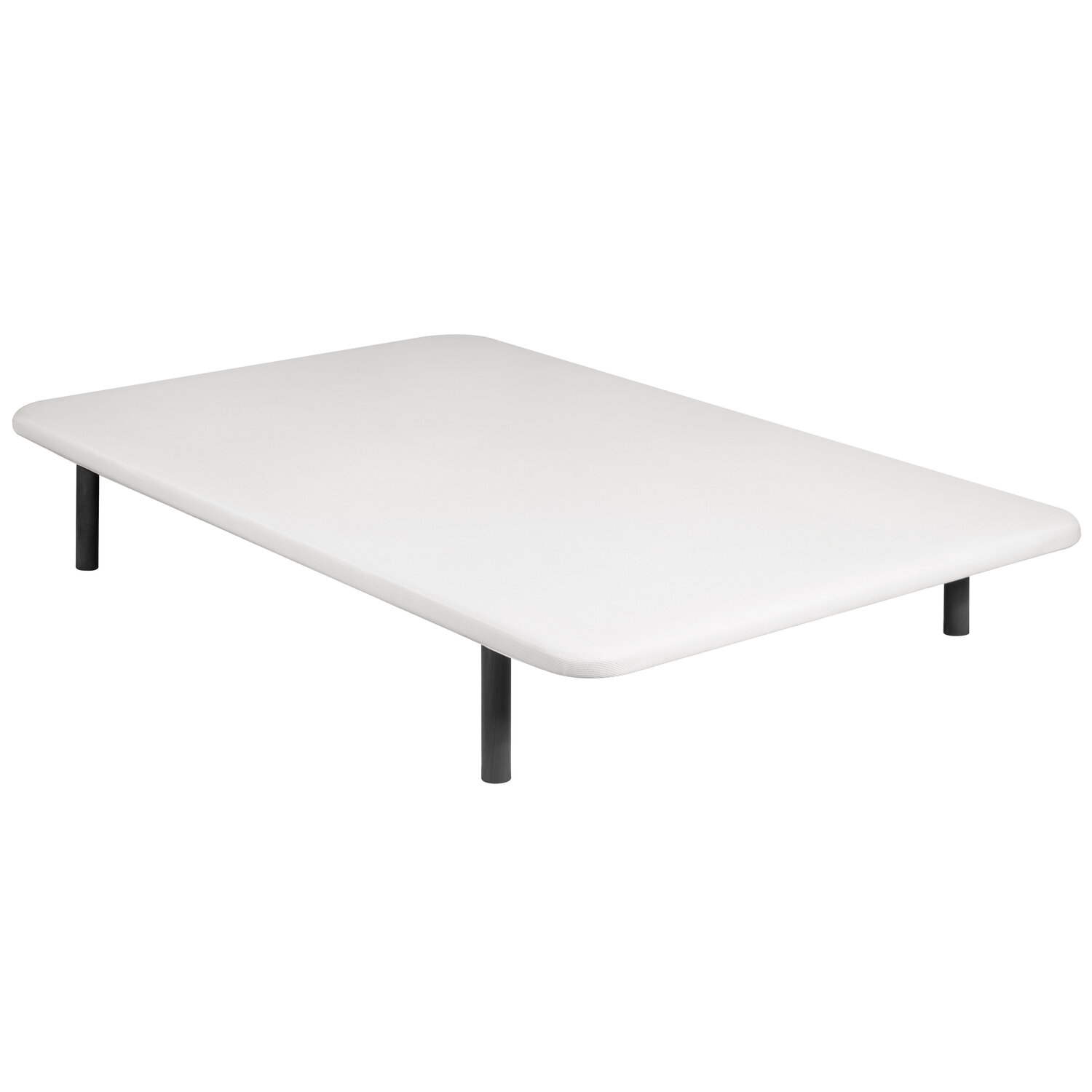 Una base de cama blanca con cuatro patas negras sobre fondo blanco.