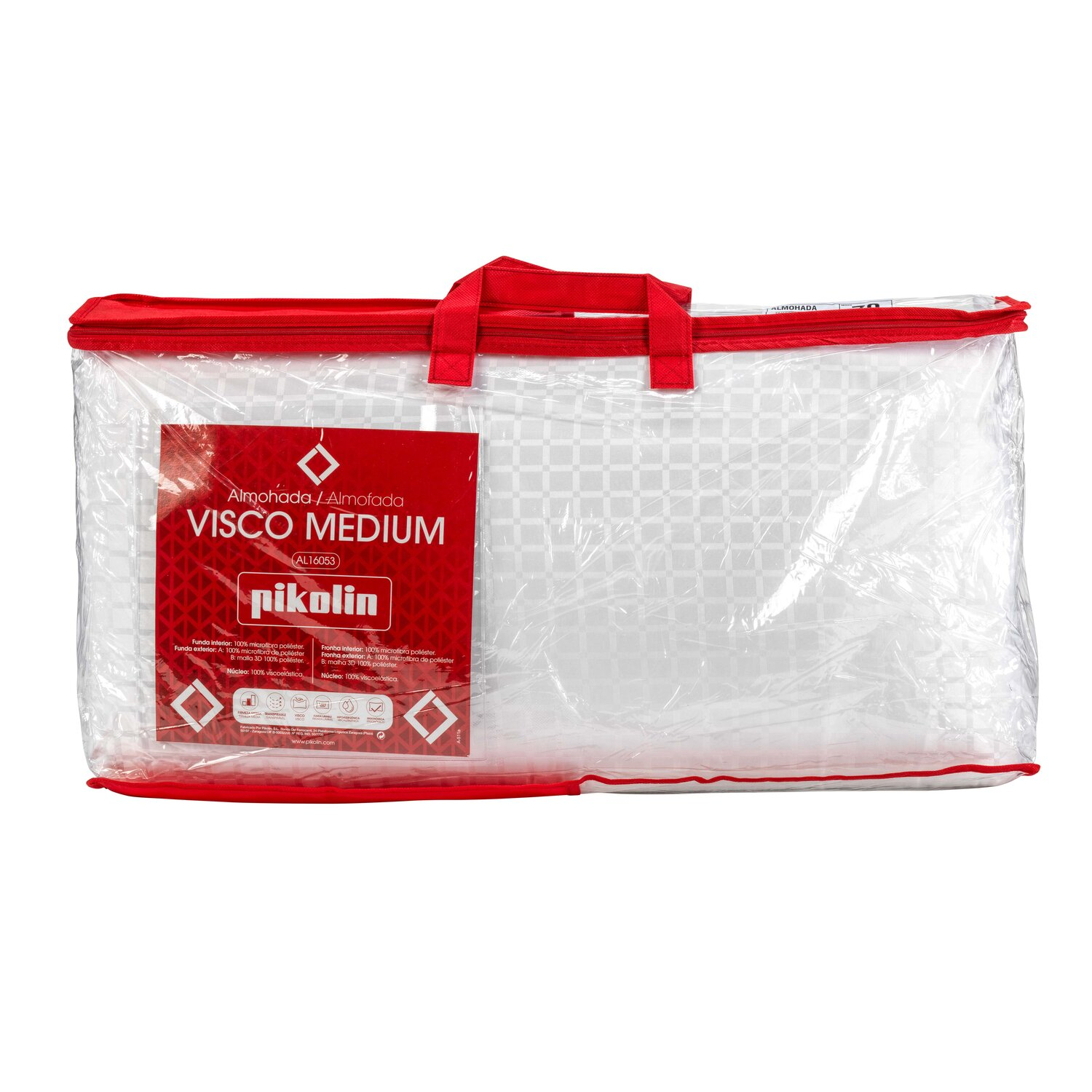 Una almohada en una bolsa de plástico transparente con cremallera y asas rojas.