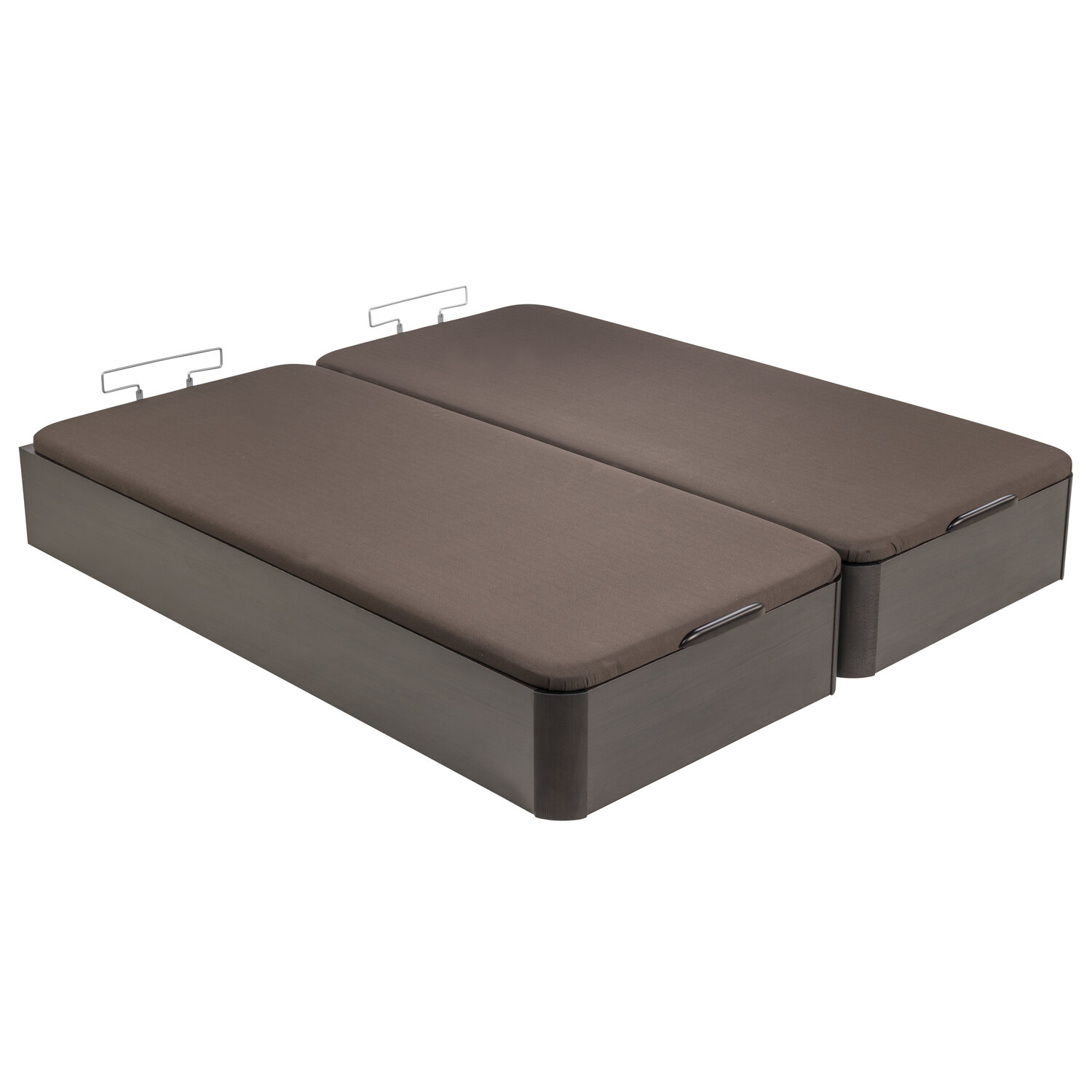 Dos bases de cama marrones una al lado de la otra con asas y soportes.