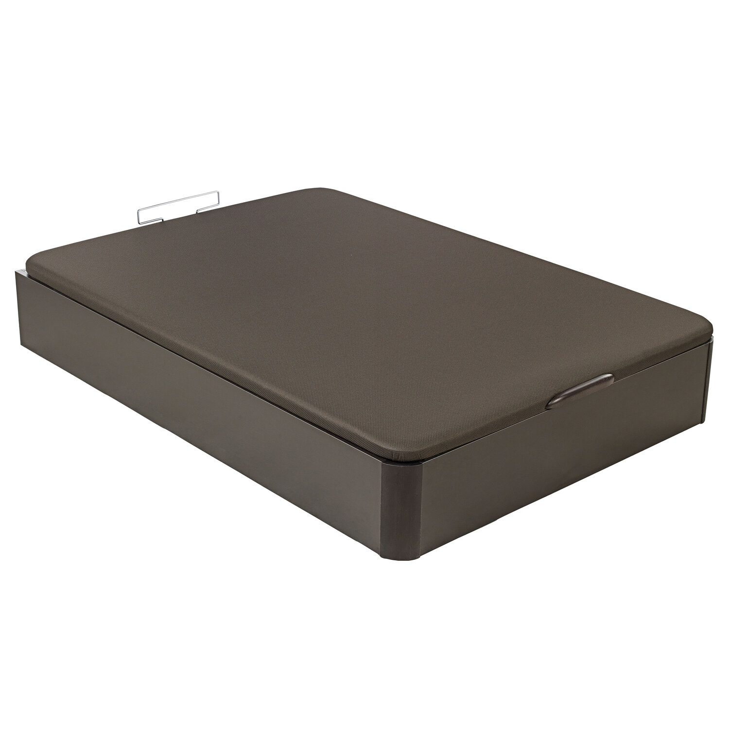 Base de cama marrón con asas de metal y barra metálica.