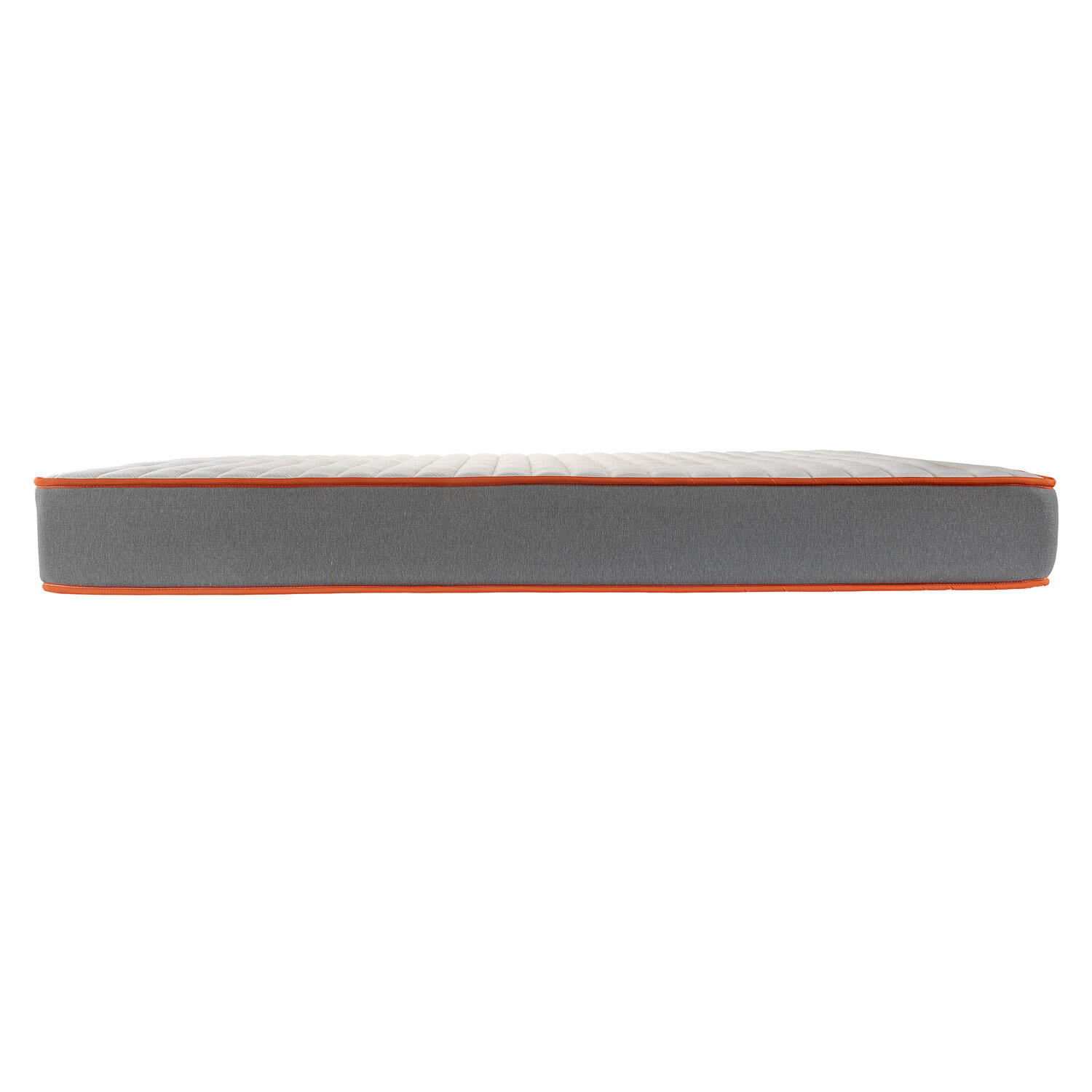 Colchón gris con borde naranja, vista cercana.