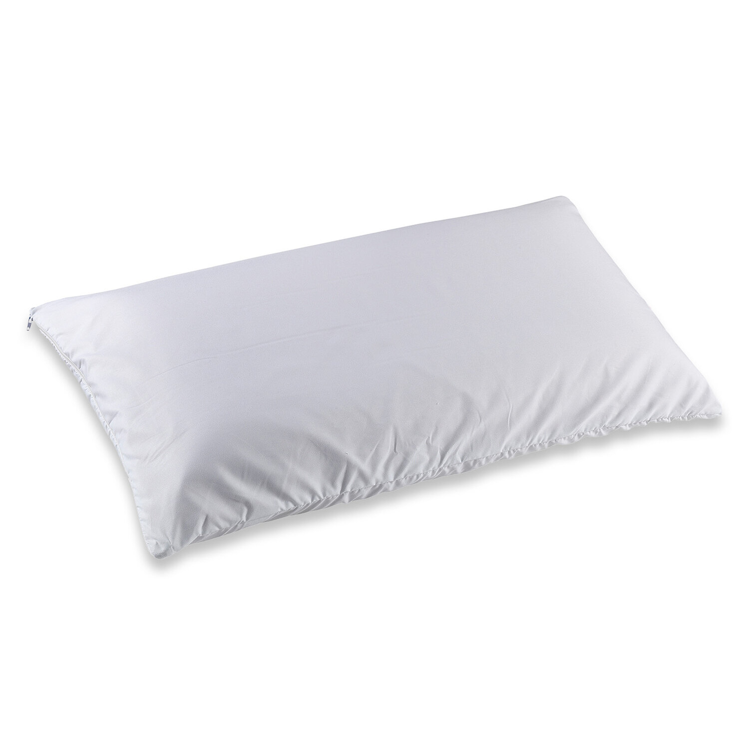 Una almohada blanca con cremallera en el lado izquierdo, sobre fondo blanco.