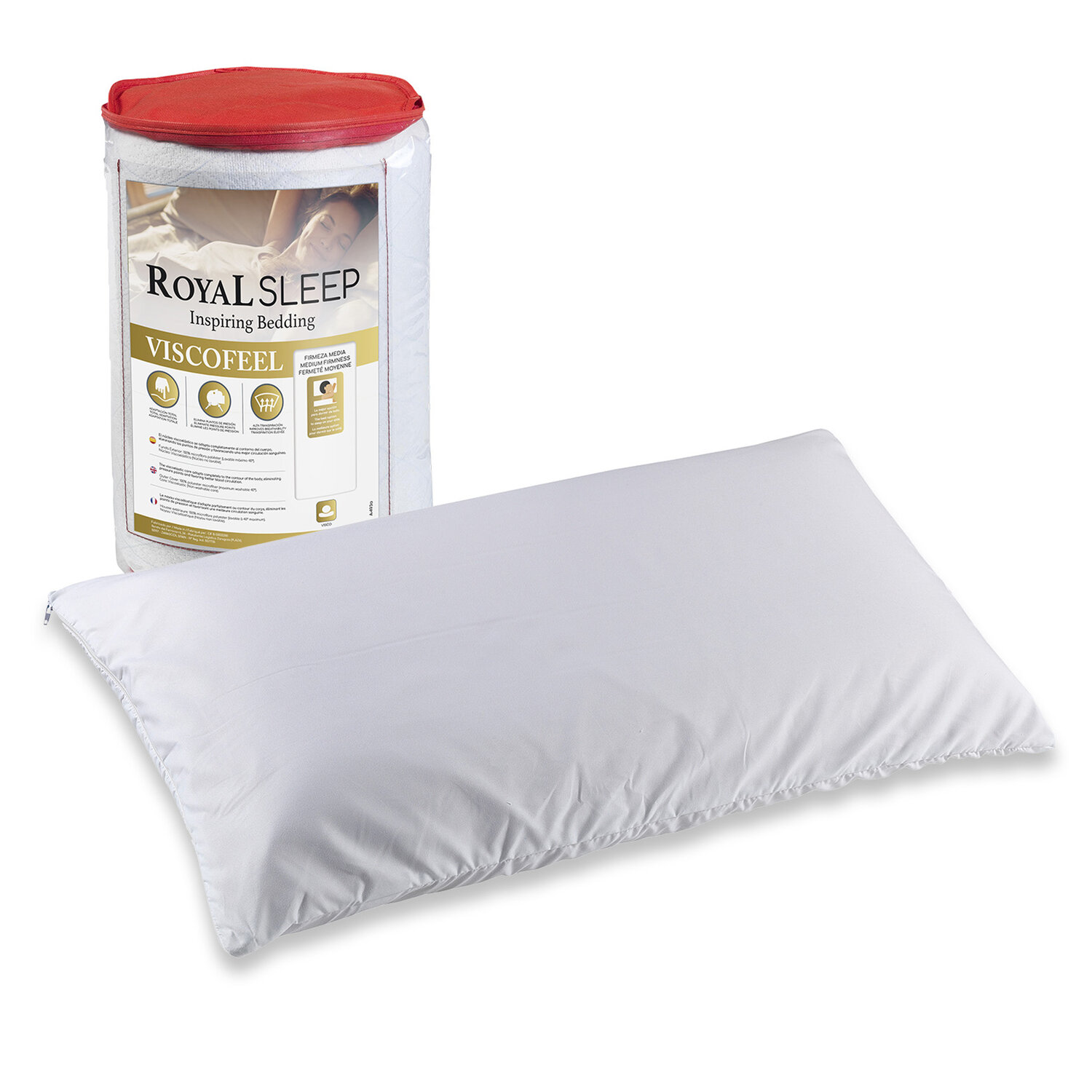 Una almohada blanca yace frente a una ropa de cama Royal Sleep Viscofeel empaquetada.