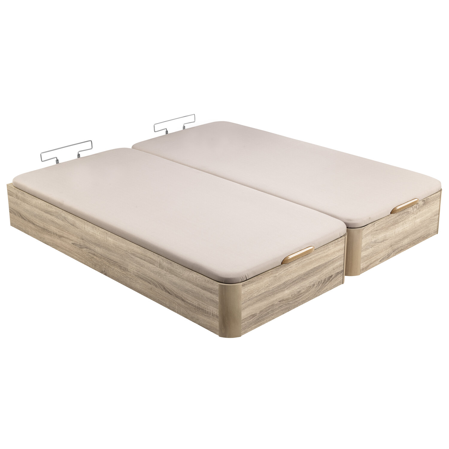 Dos bases de cama de madera con colchones beige y soportes metálicos.