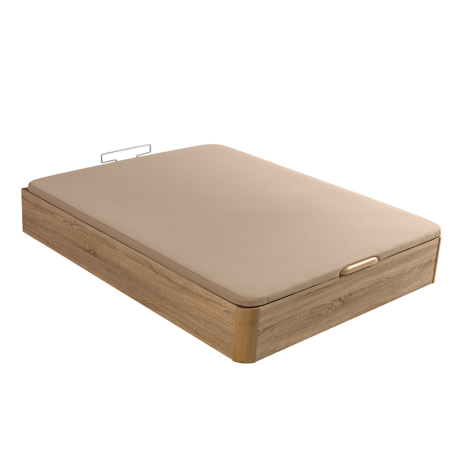 Un baúl beige con chapa de madera y un asa.