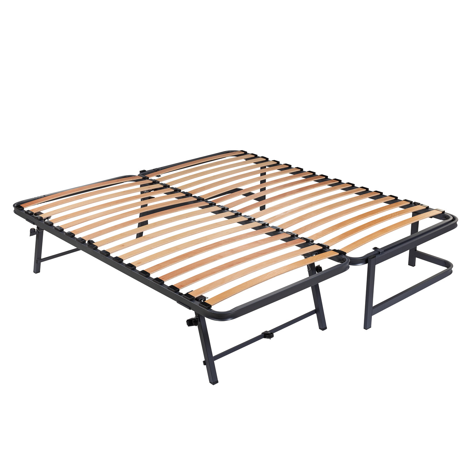 Estructura de cama metálica plegable con listones de madera, sobre fondo blanco.