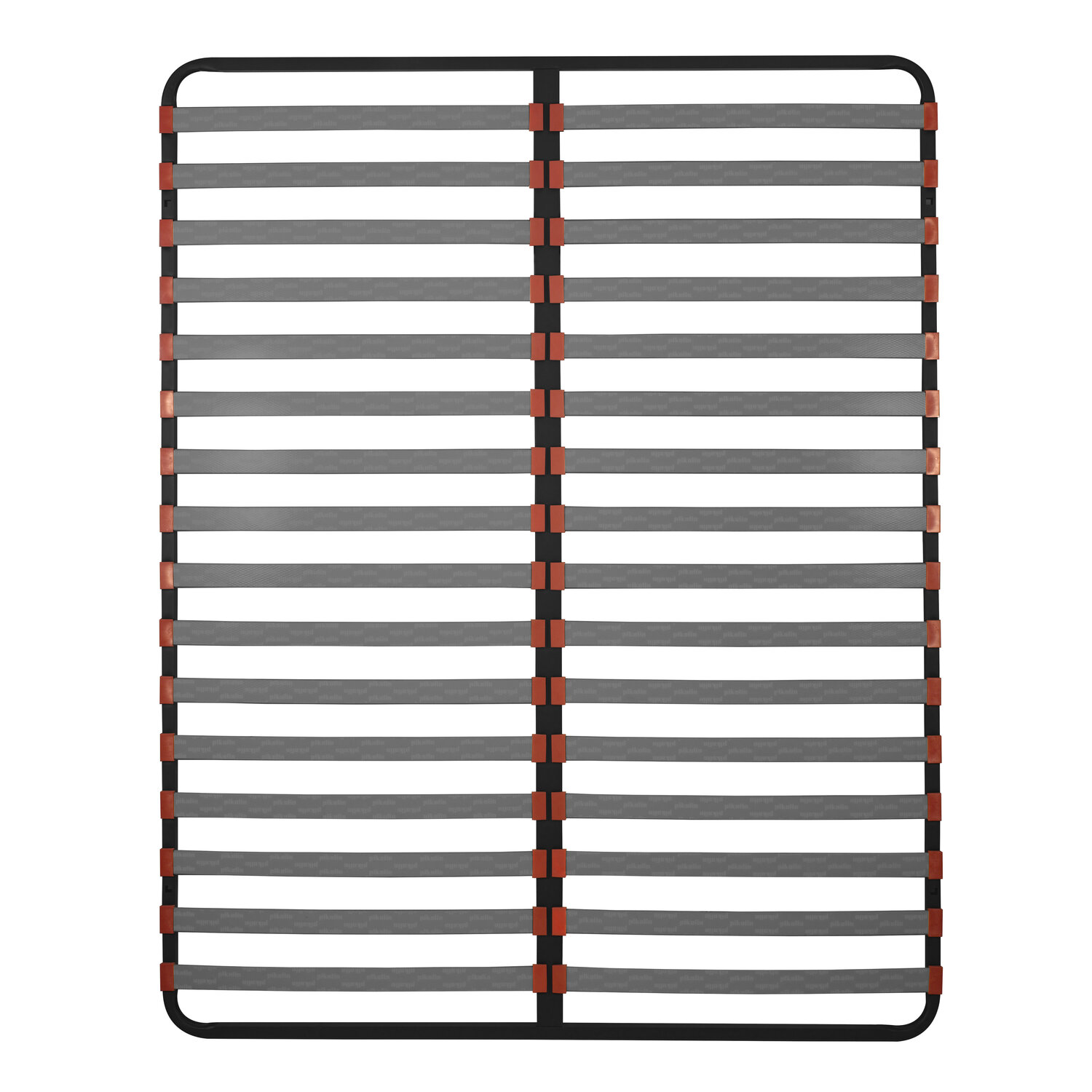 Una base de cama con listones grises y un marco negro.