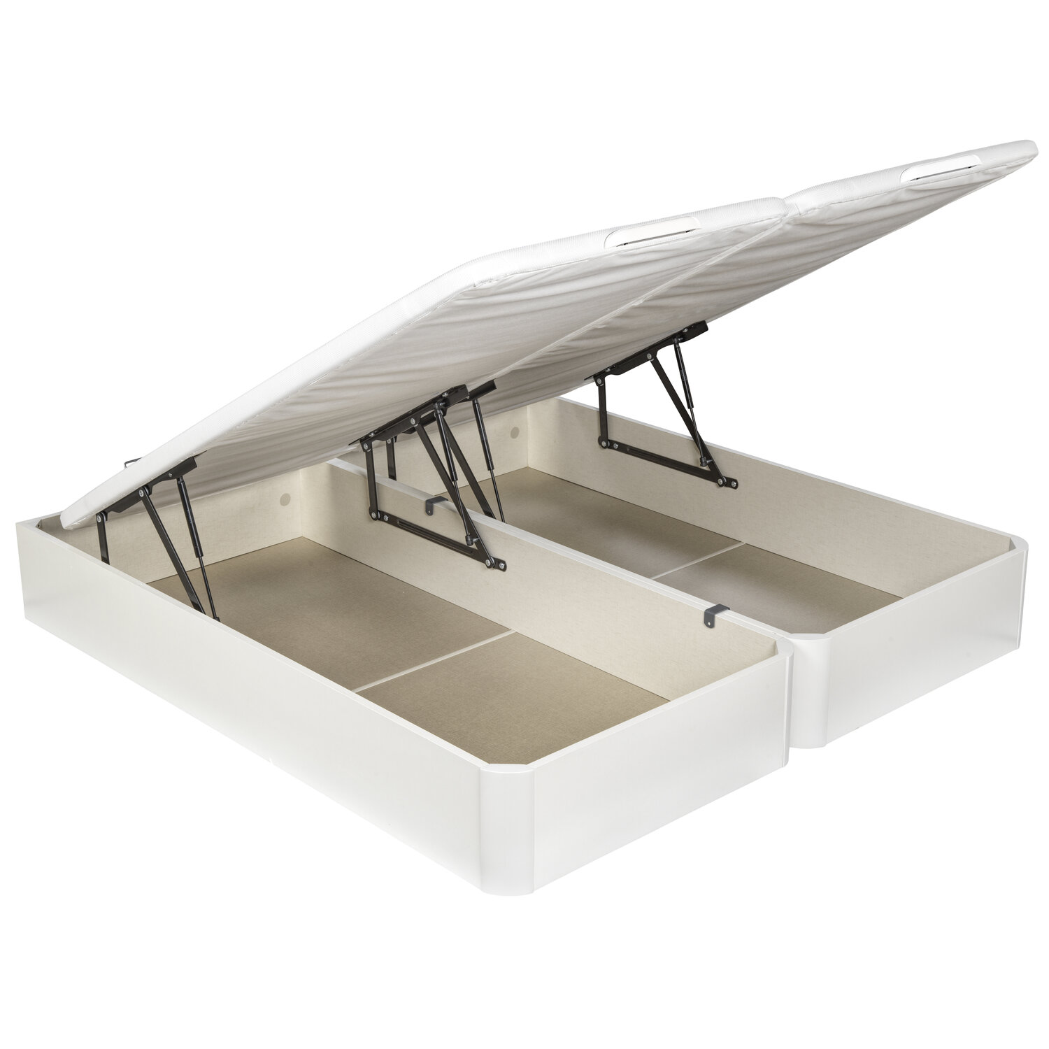 Una base de cama blanca abierta con colchón levantado y soporte.