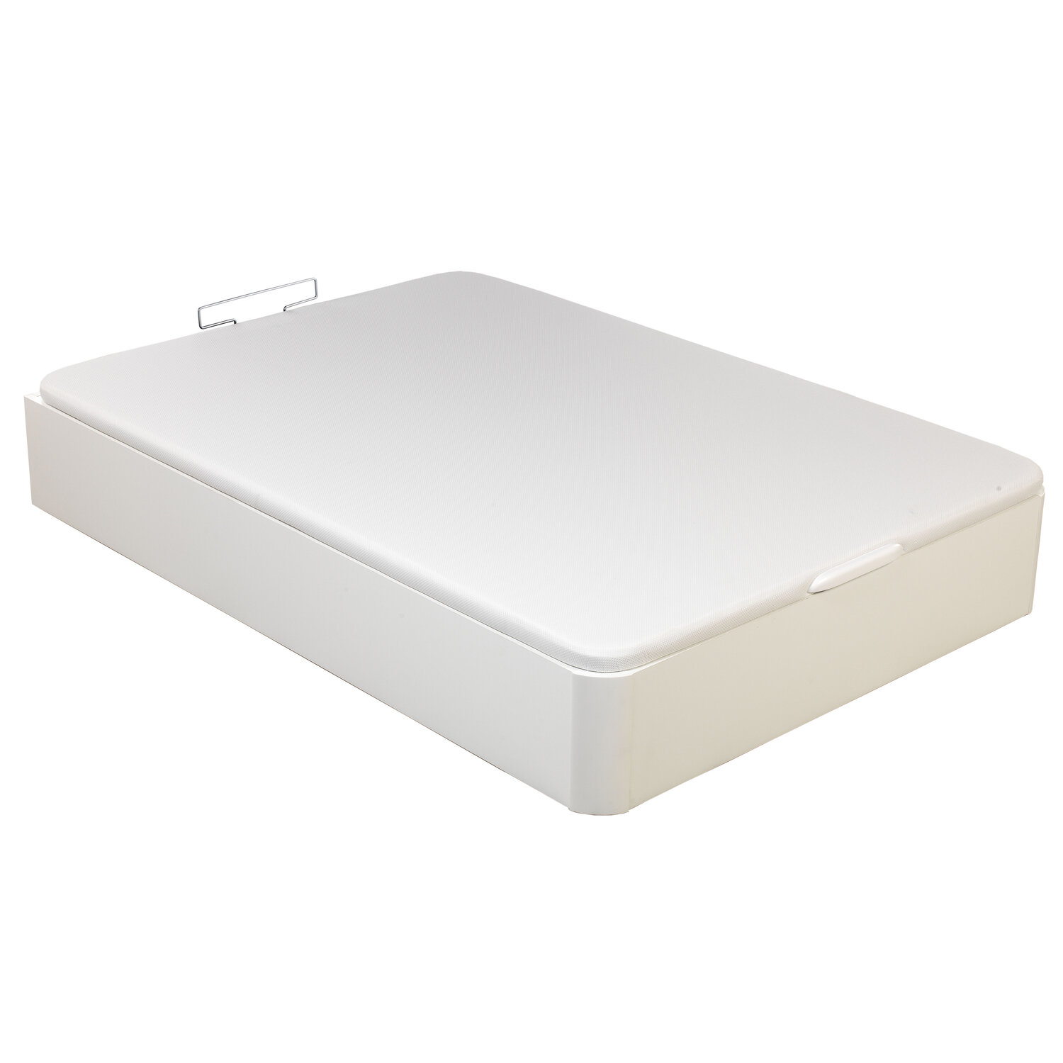 Una base de cama blanca con asas y una superficie superior acolchada.