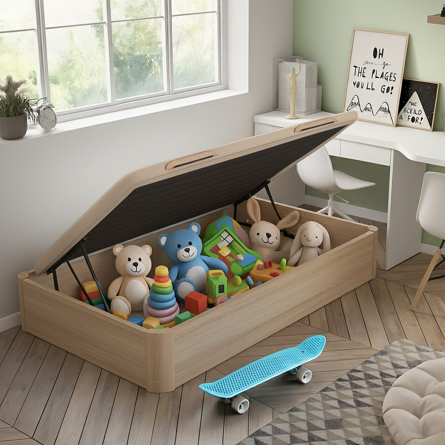 Un baúl de juguetes de madera abierto con ositos de peluche, juguetes y un monopatín azul.