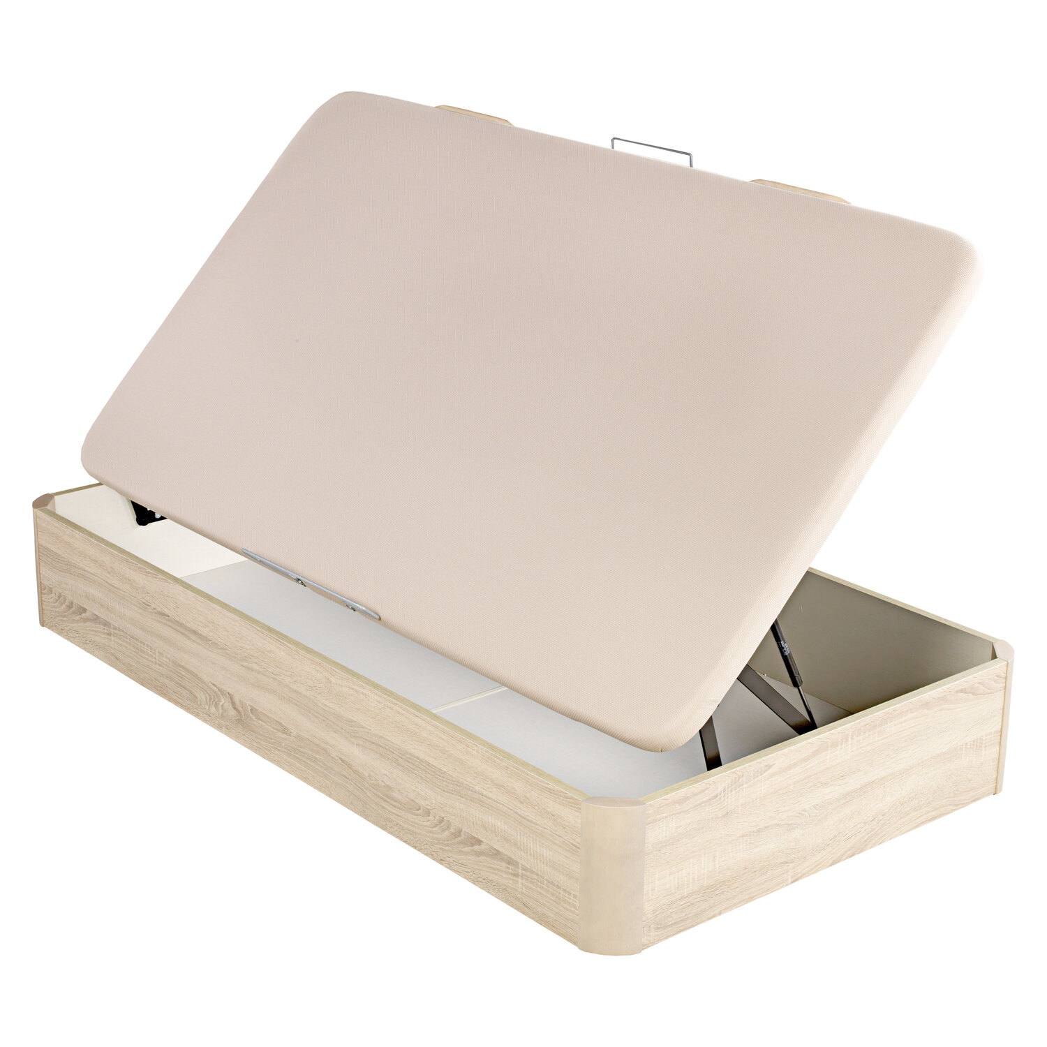 Base de cama abierta con efecto madera clara y tapicería beige. La tapa está levantada.