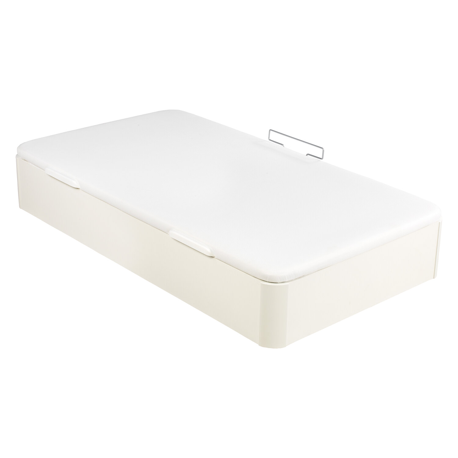 Una base de cama color crema con un colchón blanco y un asa plateada.