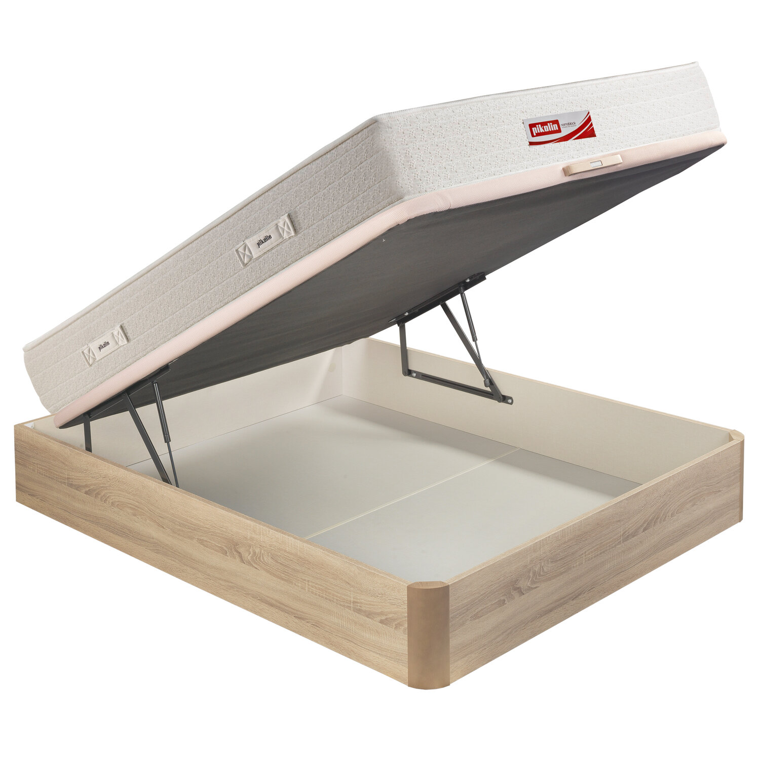 Un canapé abatible de madera con un colchón gris levantado.