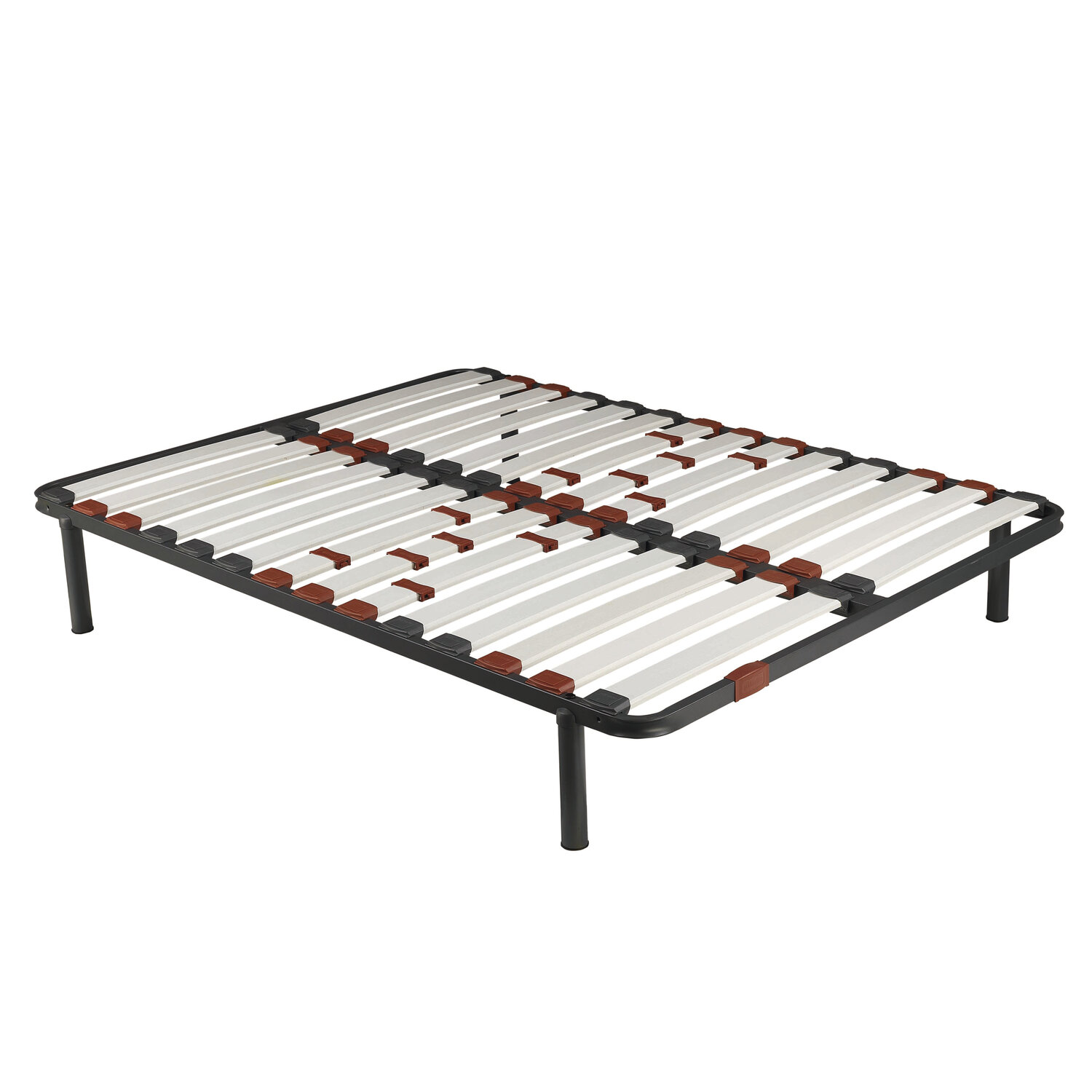 Una base de cama de metal con listones de madera y soportes marrones.