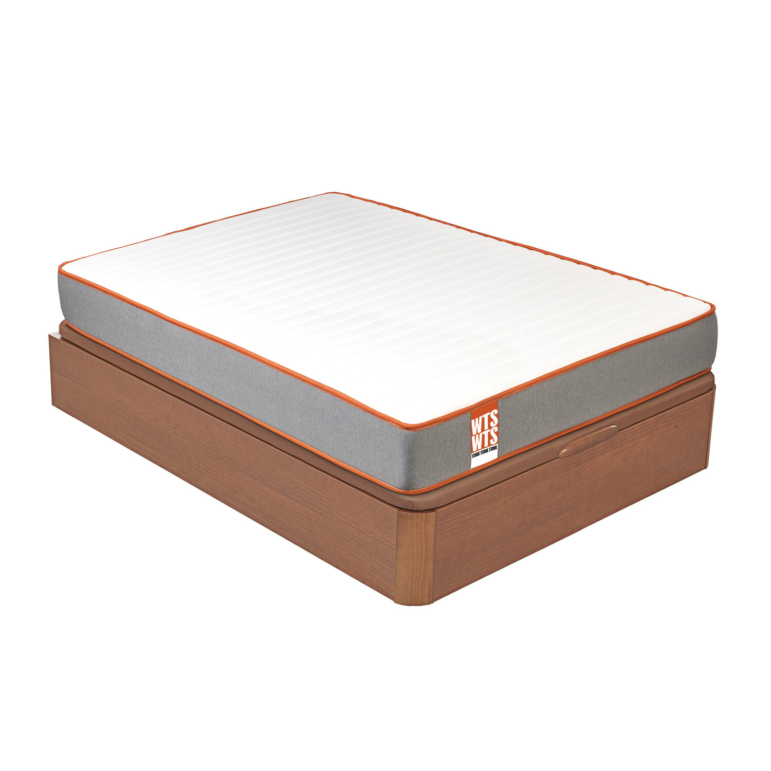 Colchón blanco con borde naranja sobre una base de madera.