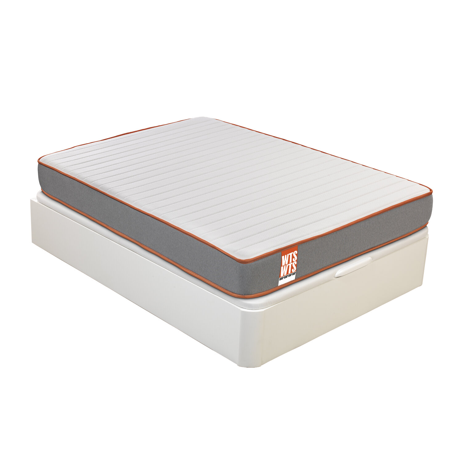 Base de cama blanca con colchón gris y ribete naranja.