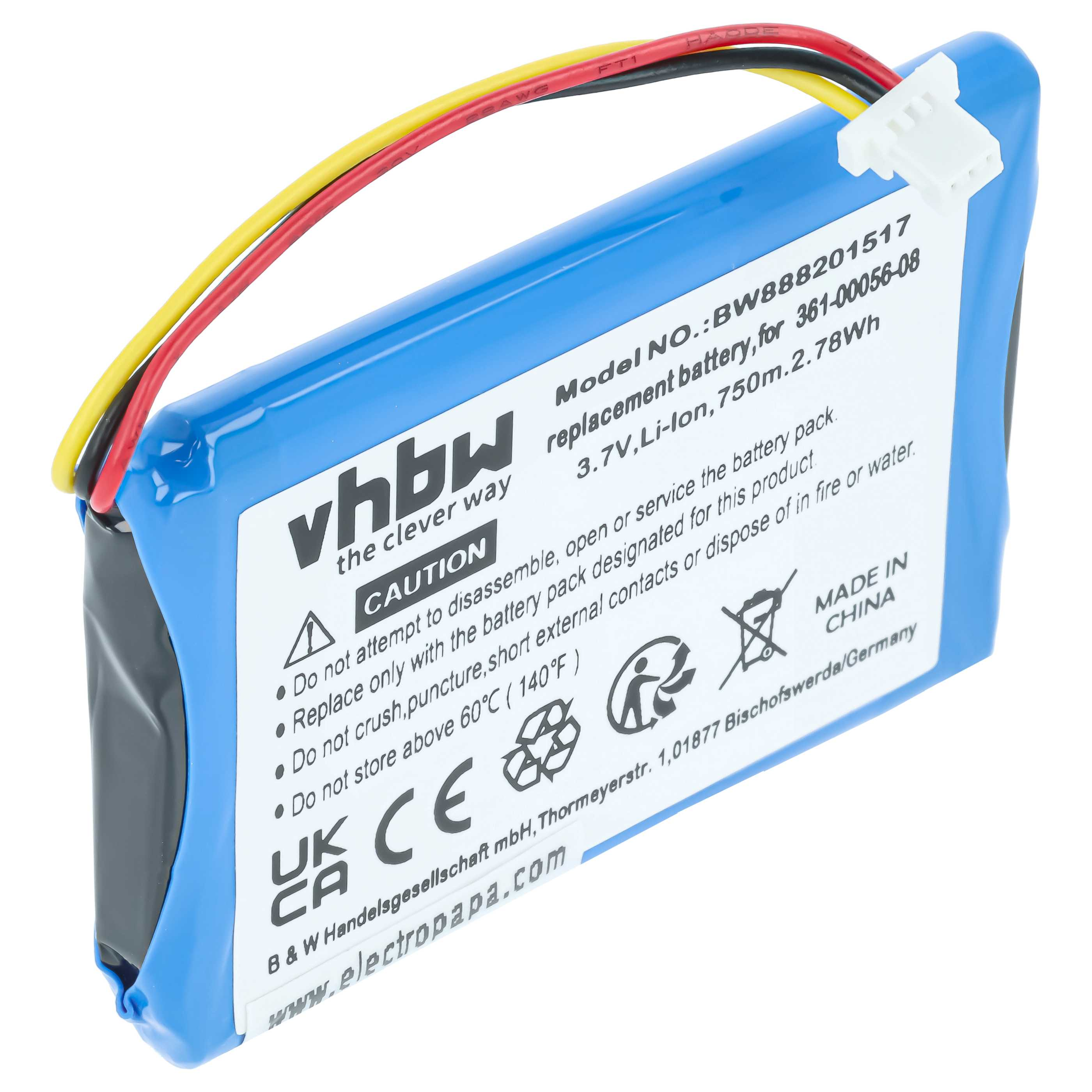 Blauer Li-Ion Akku mit Kabeln und weißem Stecker, mit Warnhinweisen.