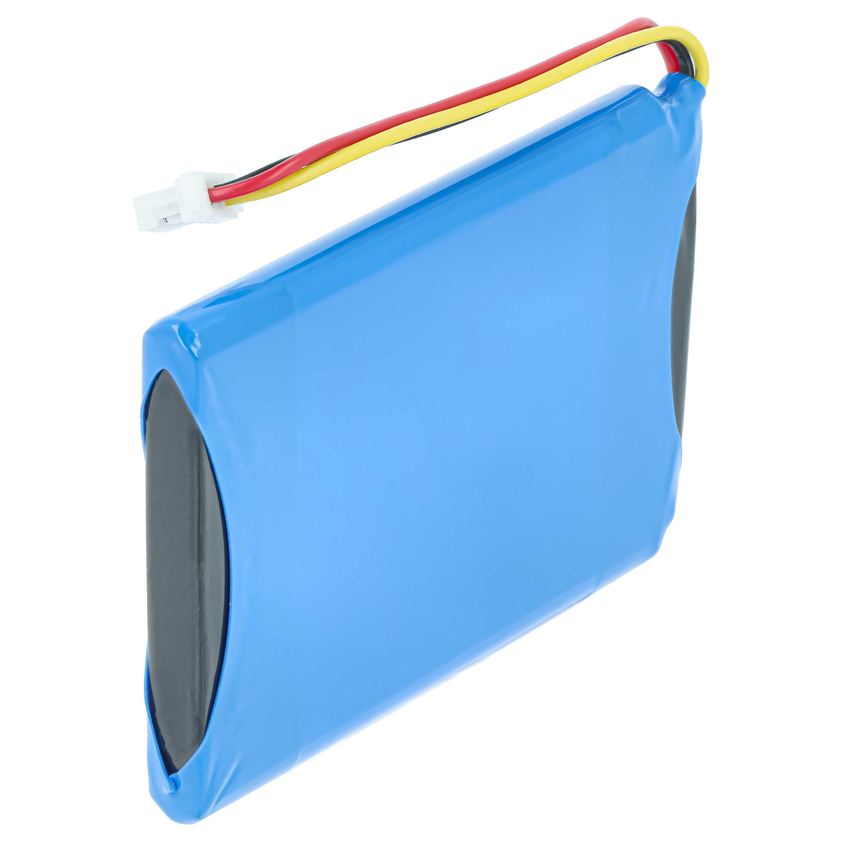 Ein blauer Akku mit drei Kabeln (rot, gelb, schwarz) und einem weißen Stecker.