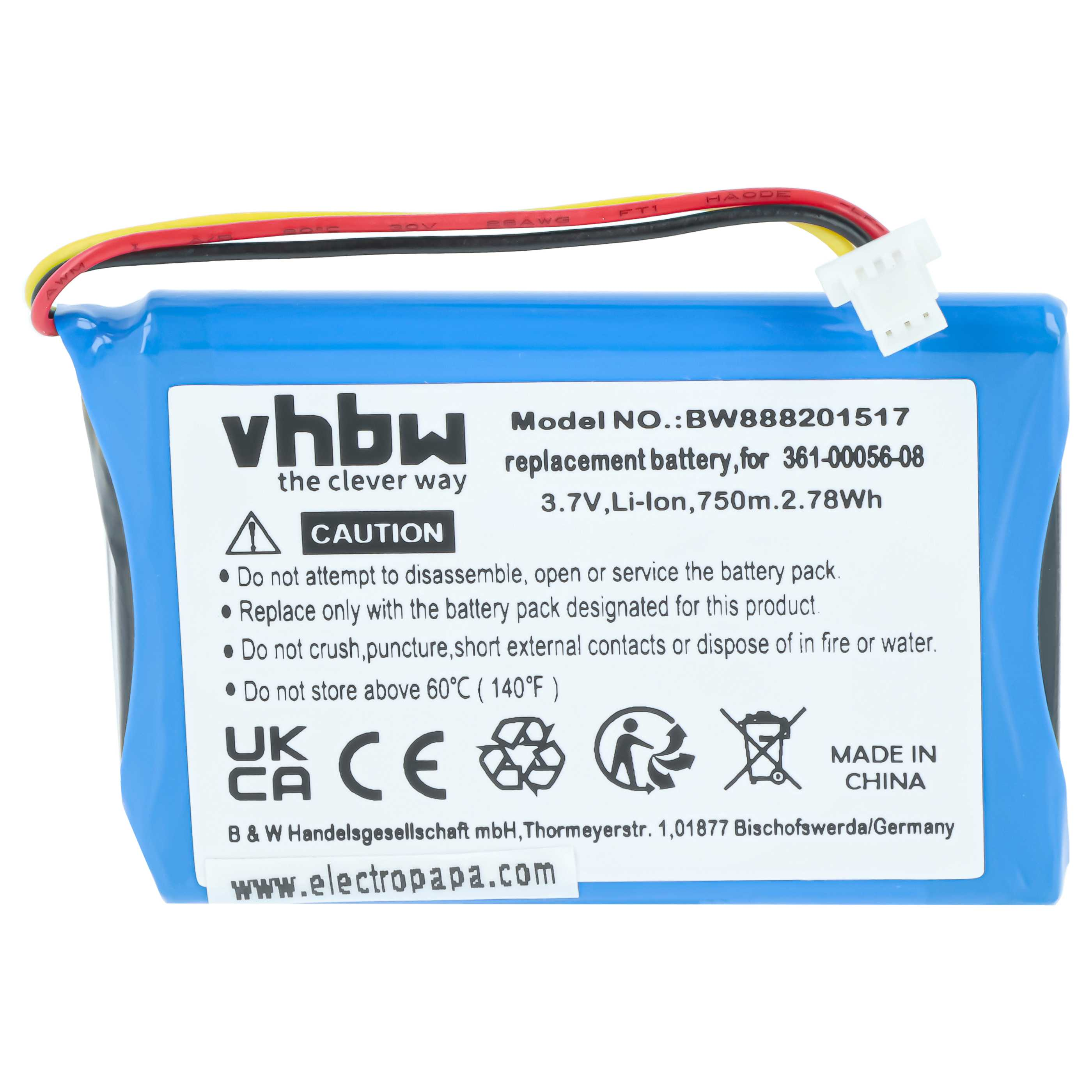 Blauer Akku mit Kabeln und weißem Stecker, Modell BW888201517.