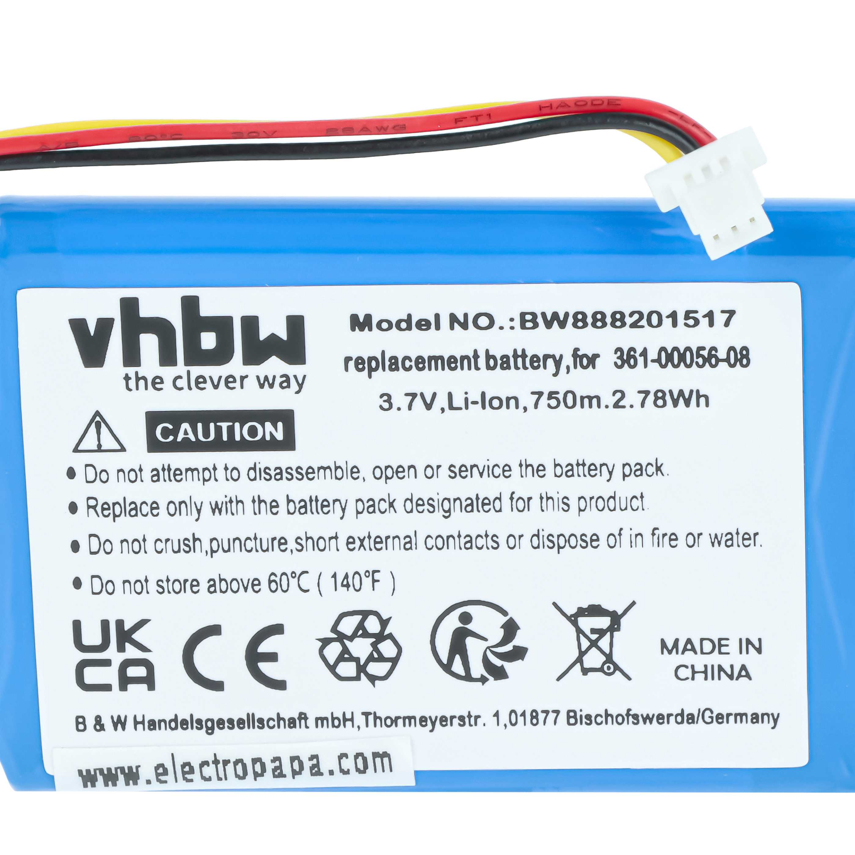 Blauer Akku mit Kabeln und Warnhinweisen, Modell BW888201517.