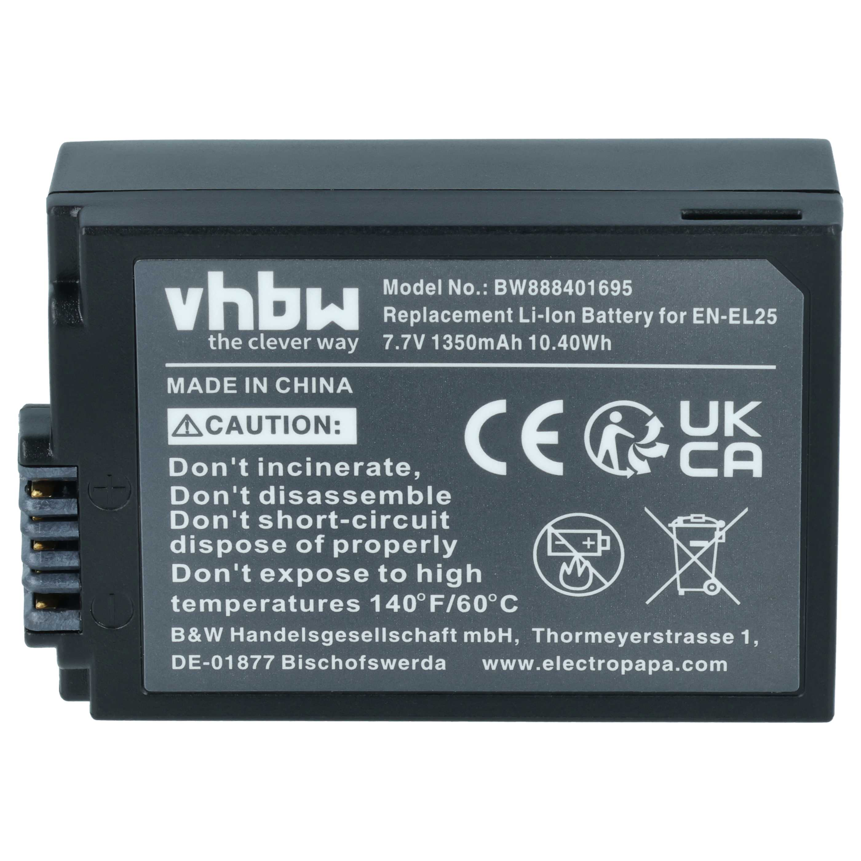 Ein schwarzer Li-Ion-Akku der Marke vhbw für EN-EL25 mit Warnhinweisen und Zertifizierungen.