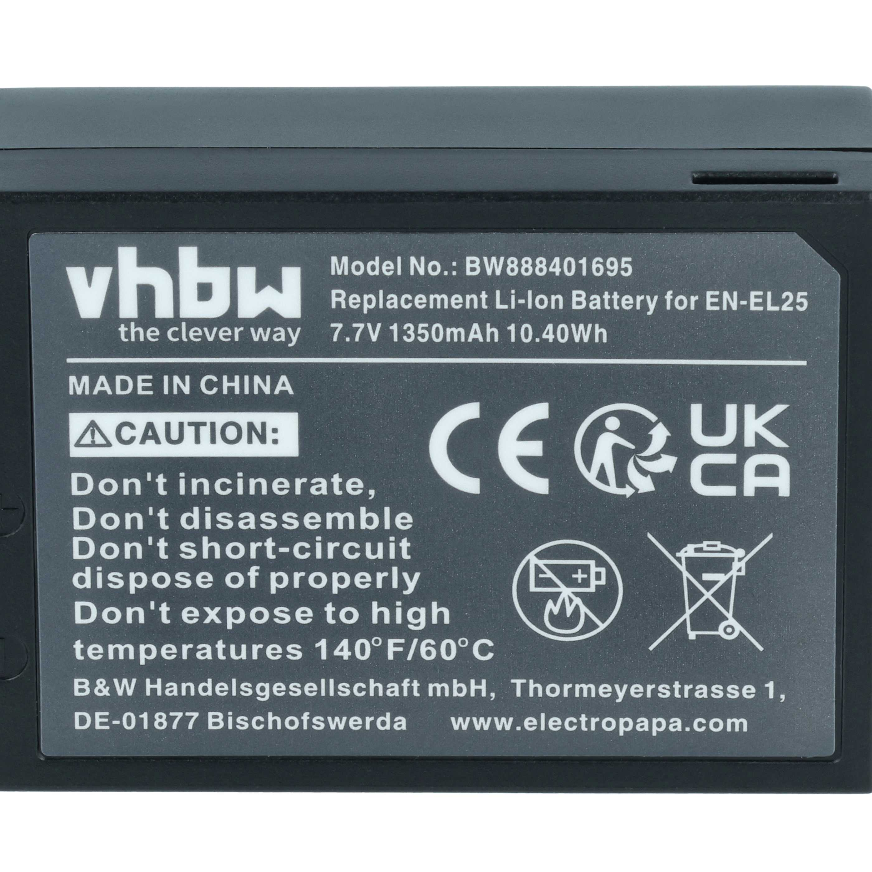 vhbw Li-Ion Akku für EN-EL25, 7.7V 1350mAh. Warnhinweise und CE/UKCA-Zeichen.