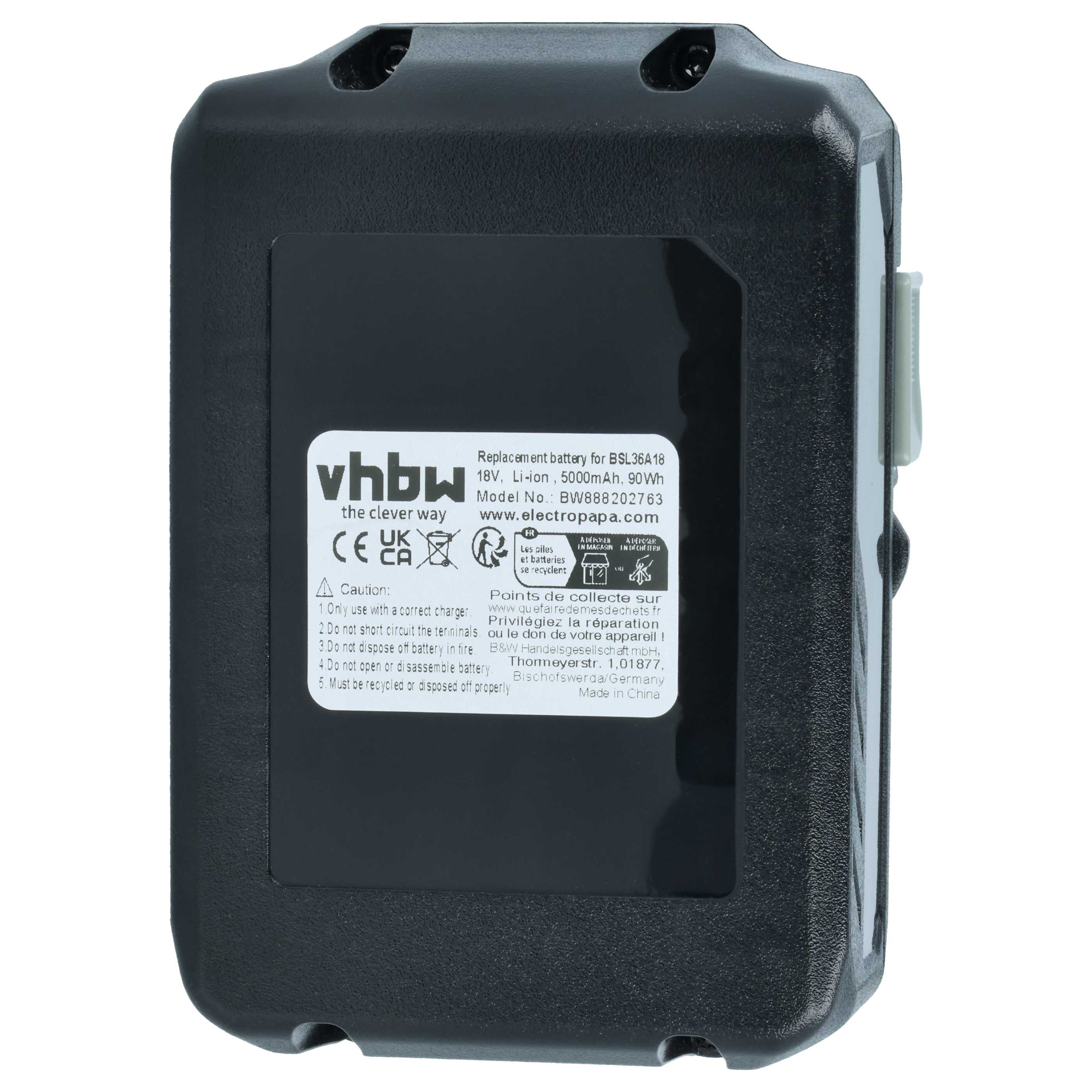 Schwarzer Akku mit weißem Aufkleber und Warnhinweisen. 18V, 5000mAh.