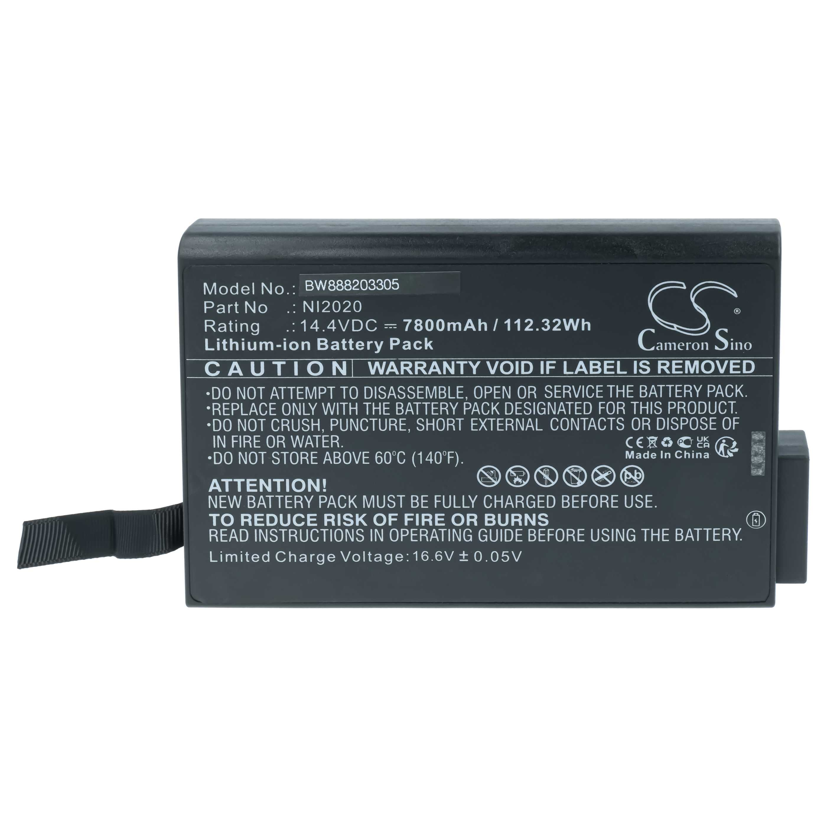 Schwarzer Lithium-Ionen-Akku mit Warnhinweisen und technischen Daten.