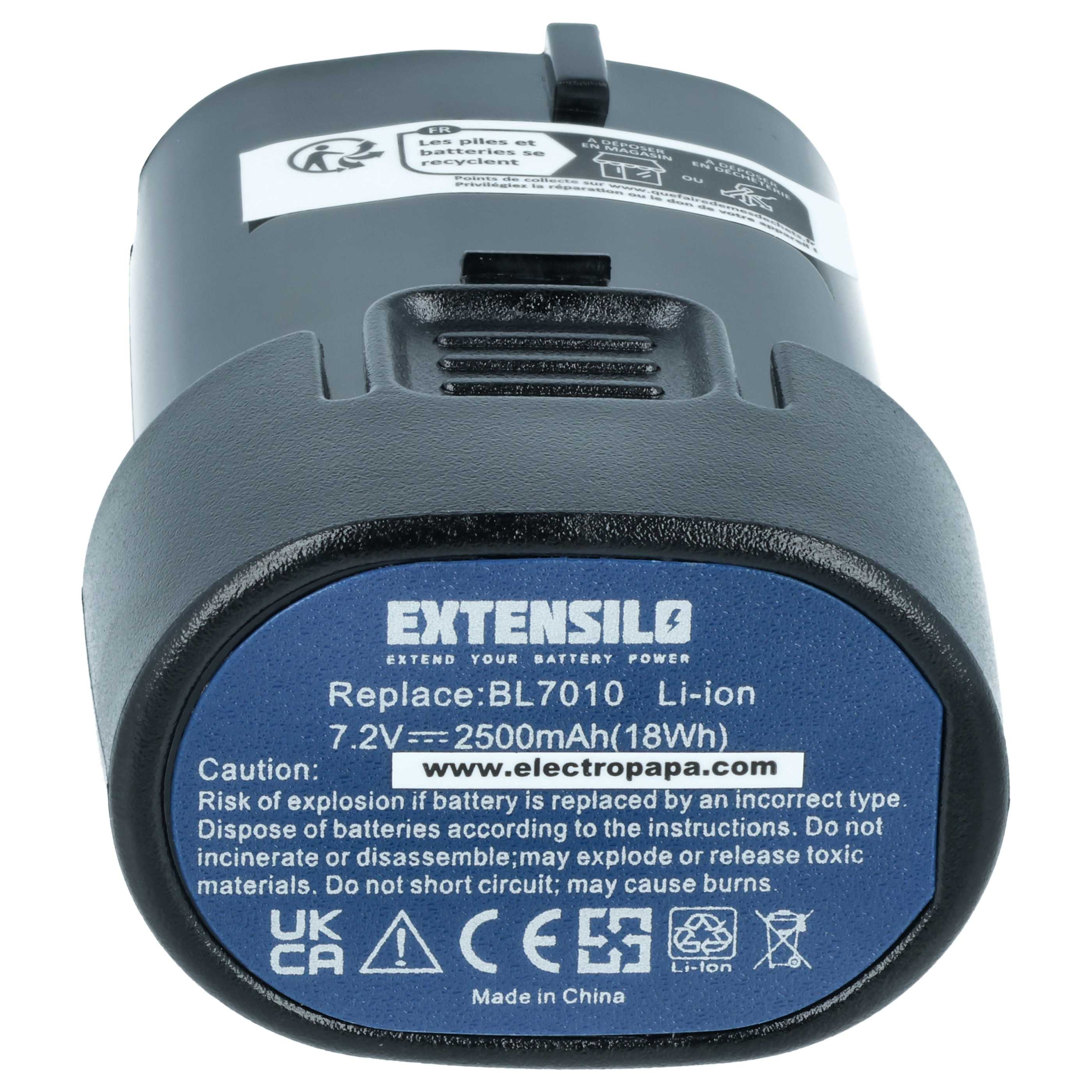 Ein schwarzer Lithium-Ionen-Akku mit blauem Etikett. Marke: EXTENSILO.