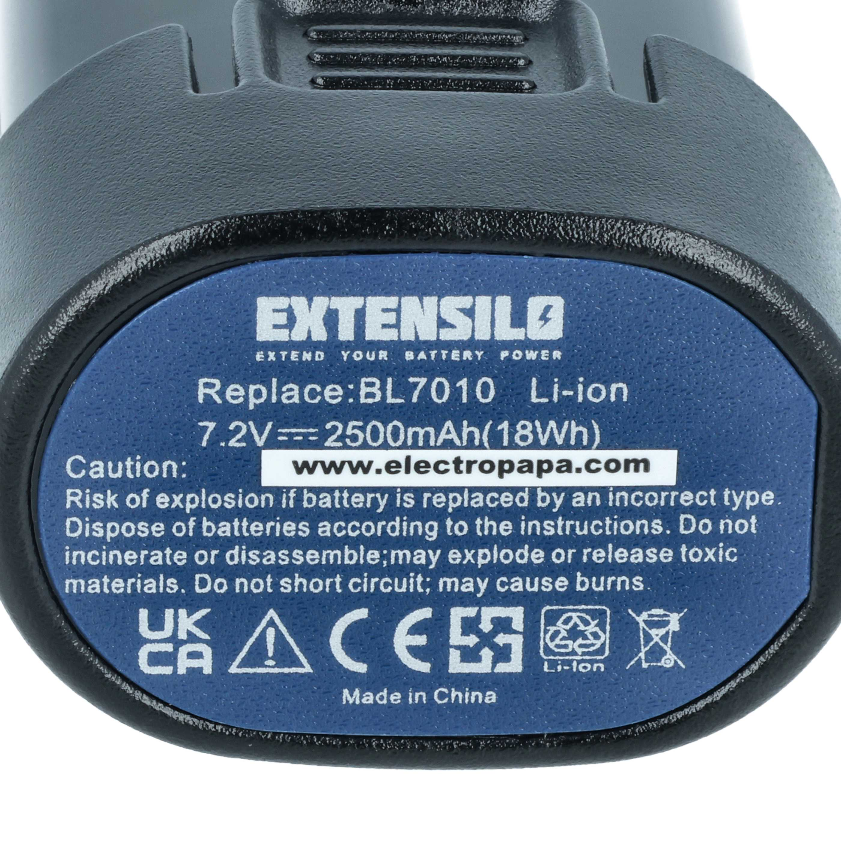 Ein schwarzer Akku mit blauem Etikett, Modell BL7010, 7,2V, 2500mAh.