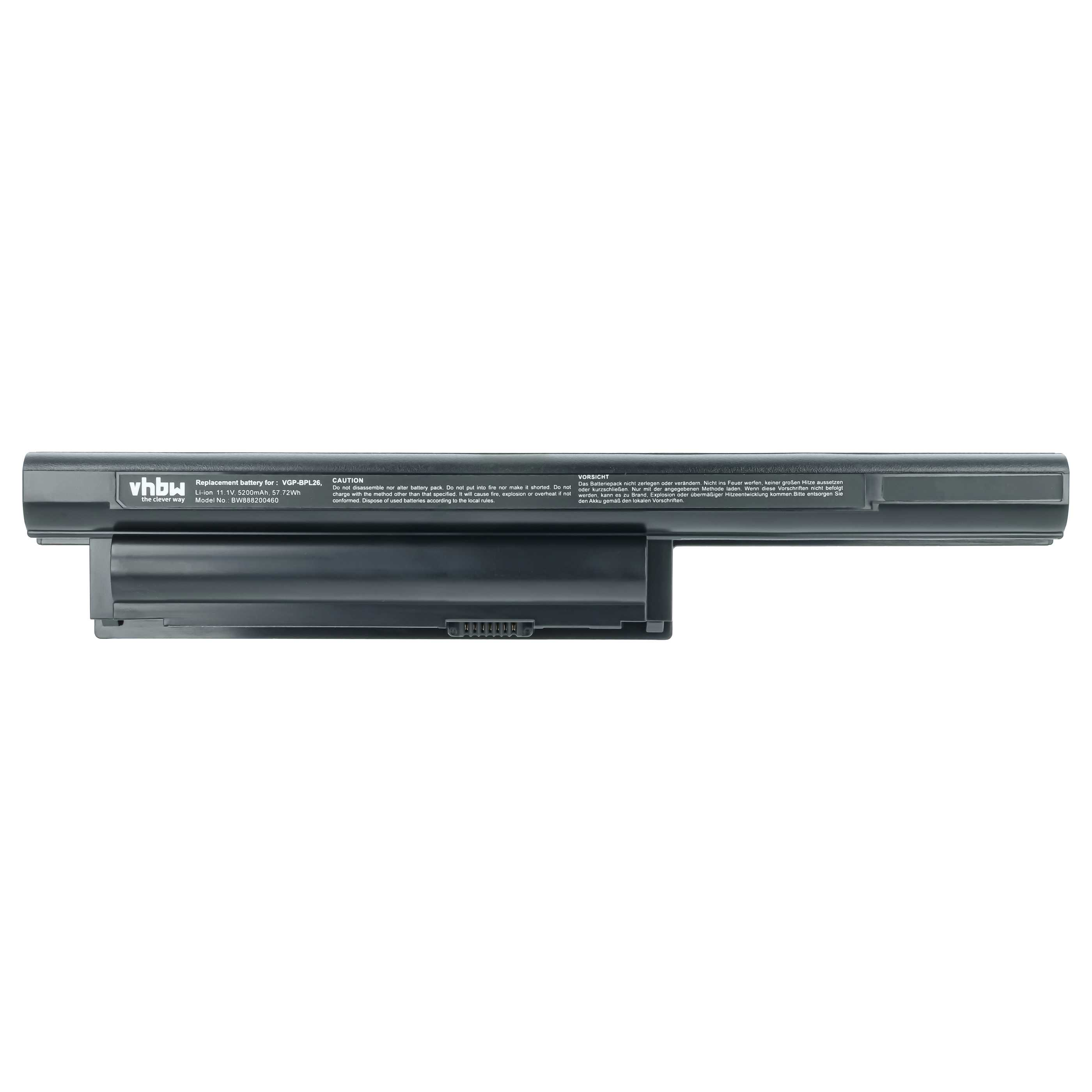 Schwarzer Laptop-Akku mit Beschriftung 'vhbw' und Warnhinweisen.