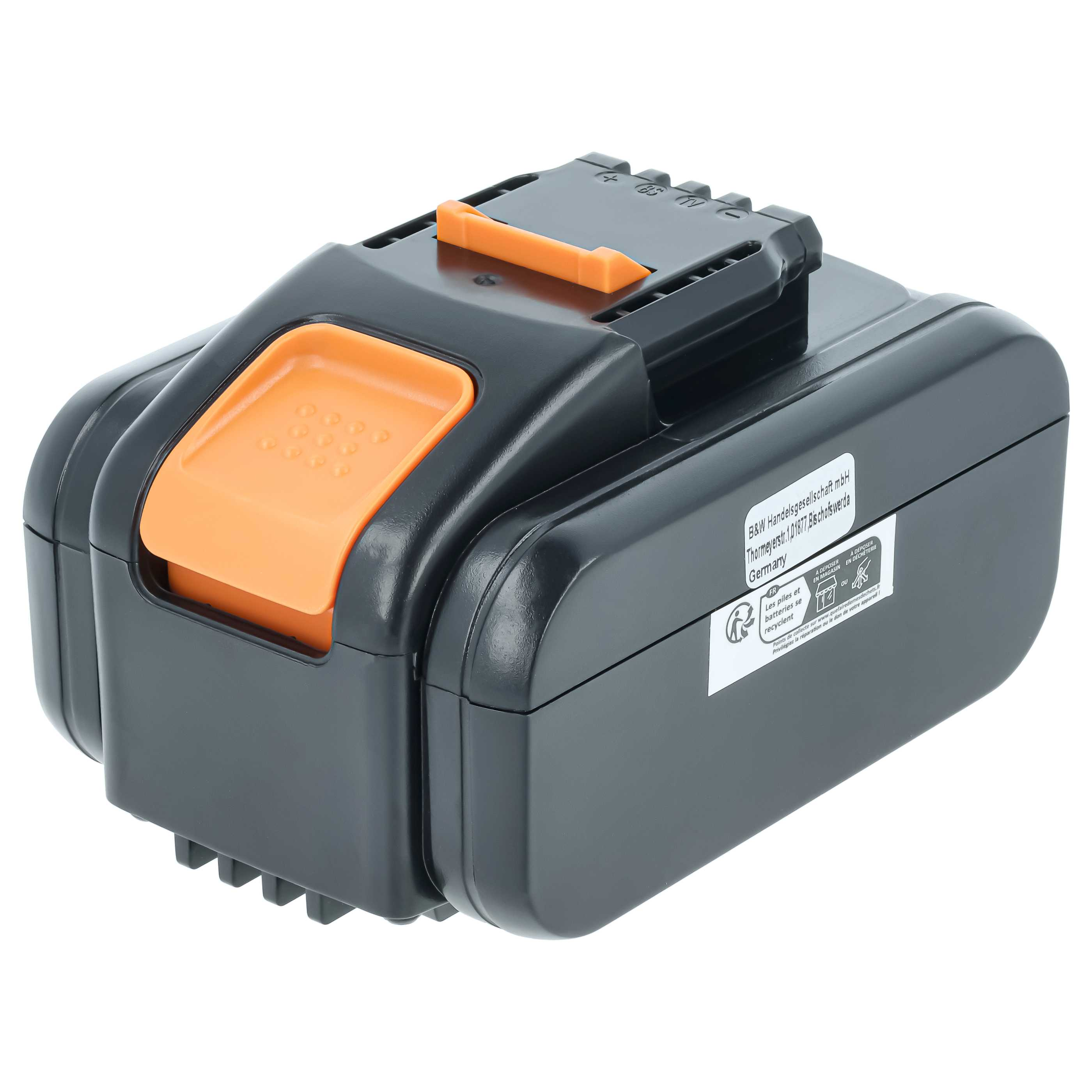 Schwarzer Akku mit orangen Knöpfen und Beschriftung.