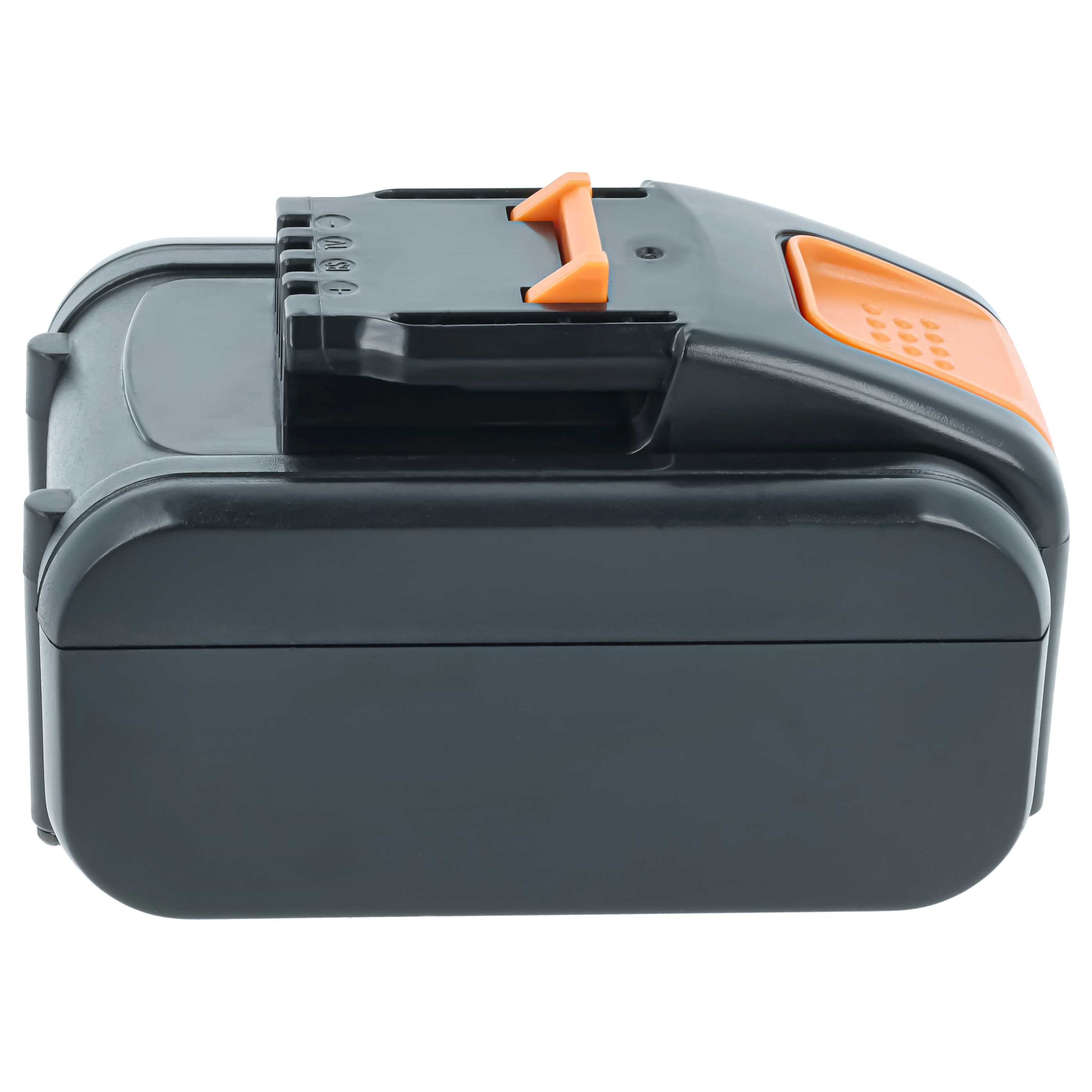 Schwarzer Akku mit orangefarbenem Griff und Details auf weißem Hintergrund.