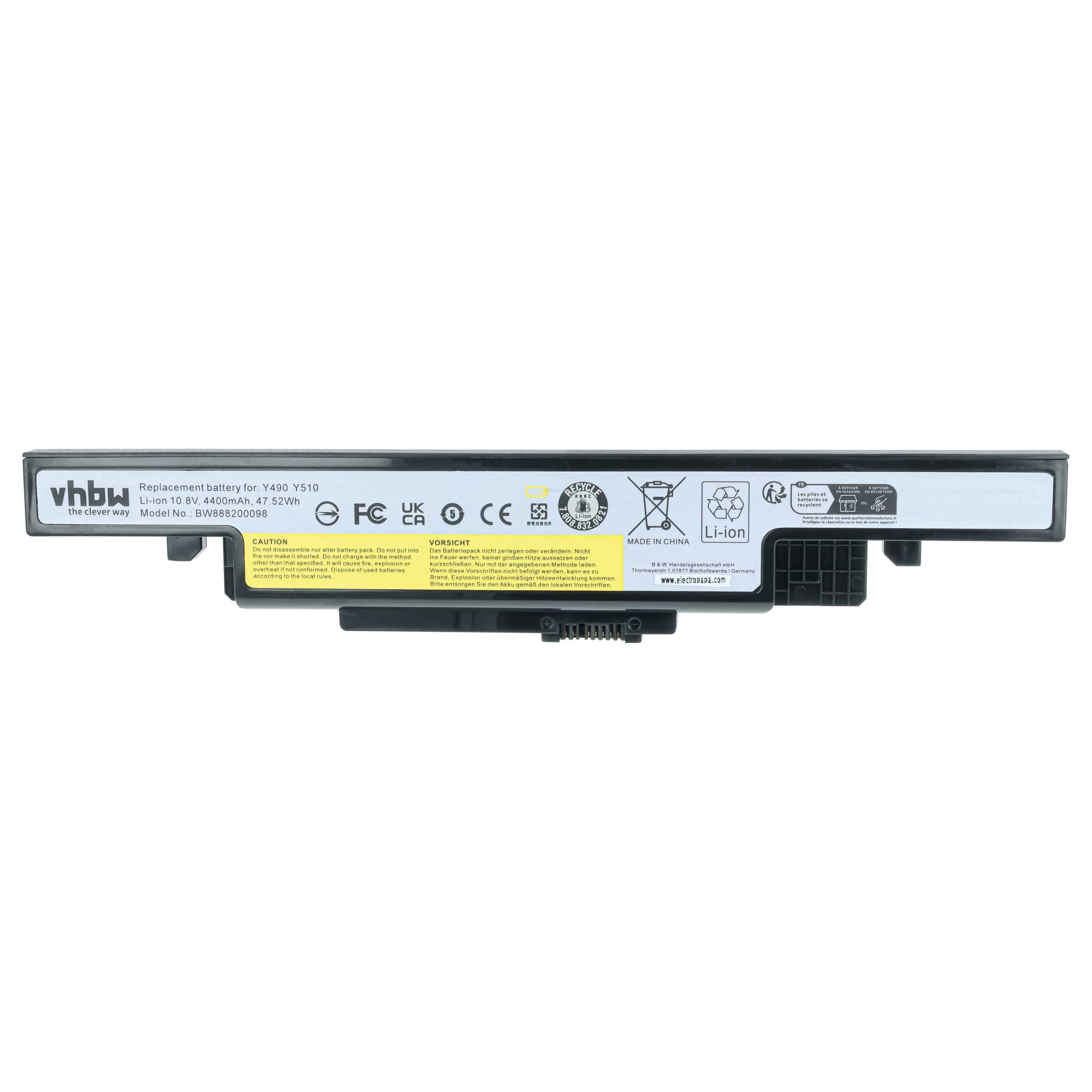 Ein schwarzer Laptop-Akku von vhbw für Y490 Y510 mit Li-ion 10.8V, 4400mAh.