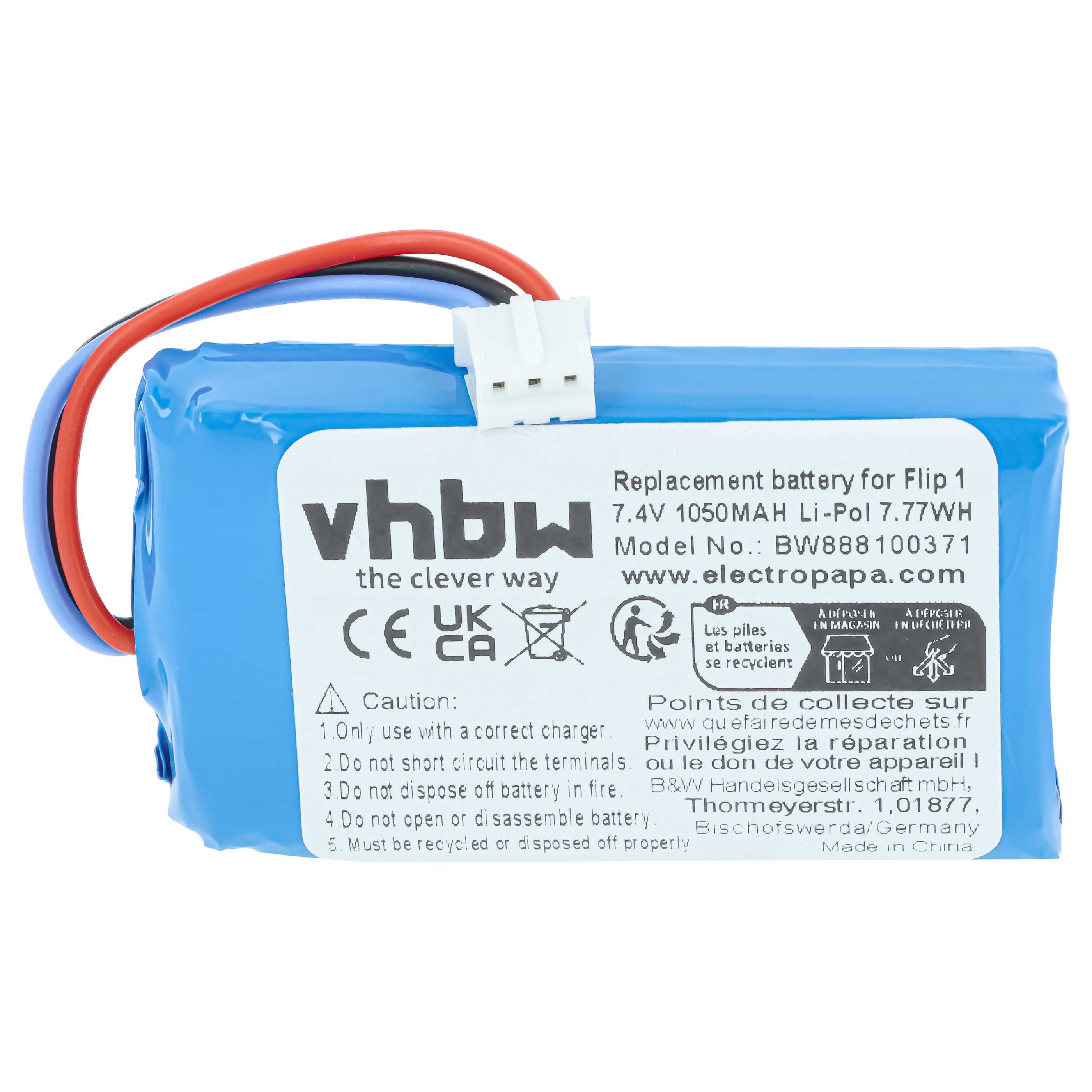 Blaue 7,4V 1050mAh Ersatzbatterie mit Kabeln und Stecker, vhbw Marke.