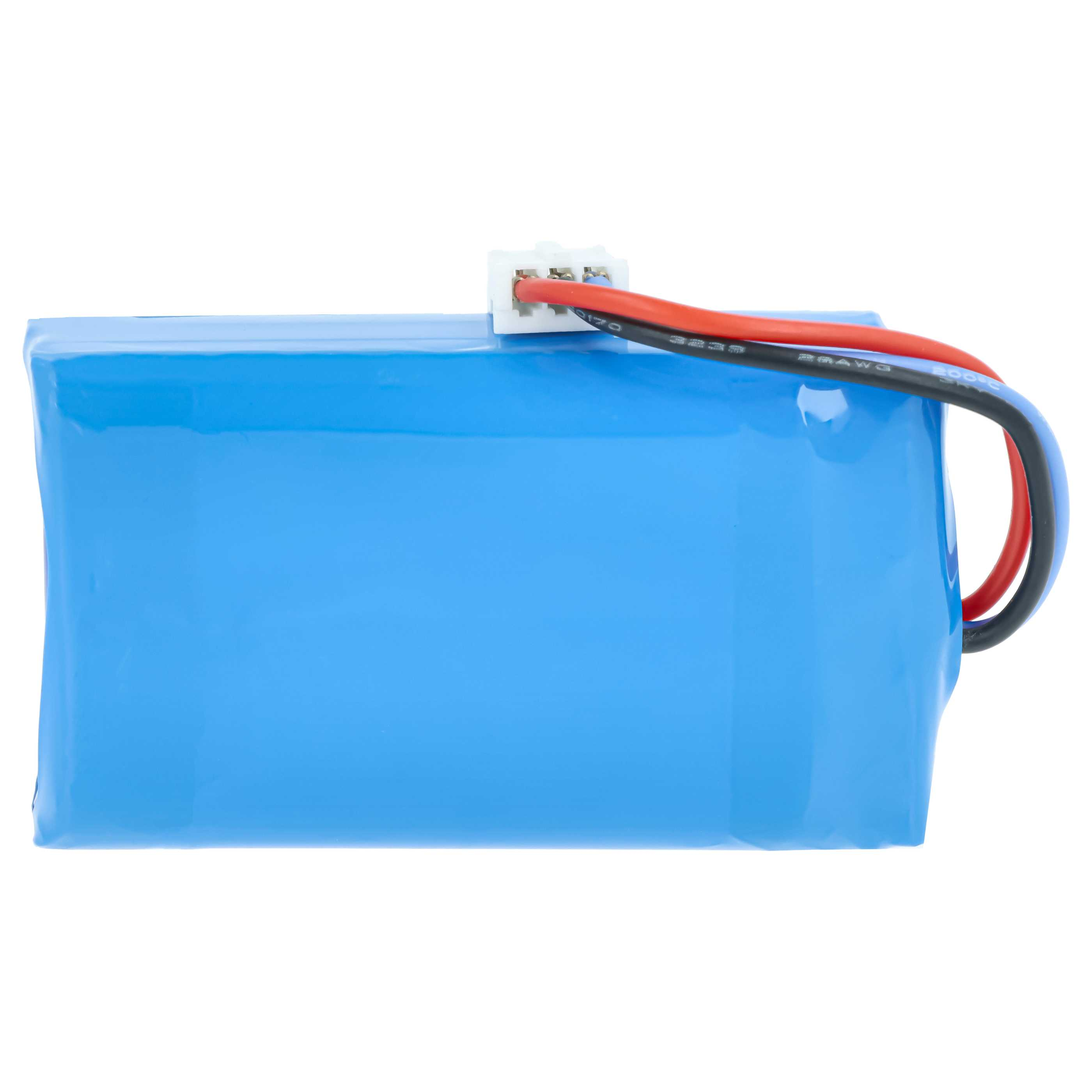 Ein blaues Akkupack mit roten und schwarzen Kabeln, das an einem weißen Stecker befestigt ist.