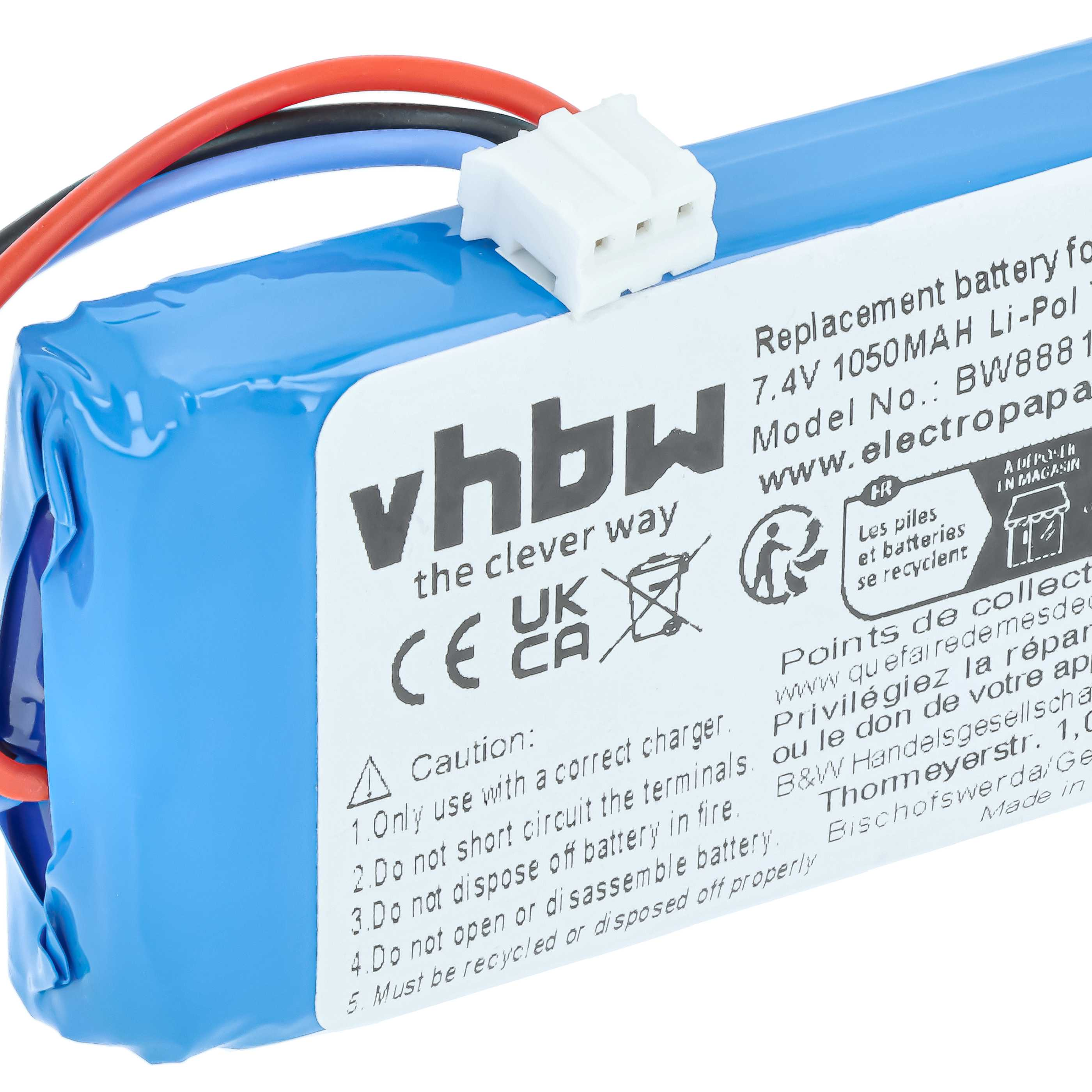 Blauer Li-Poly Akku mit Kabeln und weißem Stecker, mit Warnhinweisen und Marke.