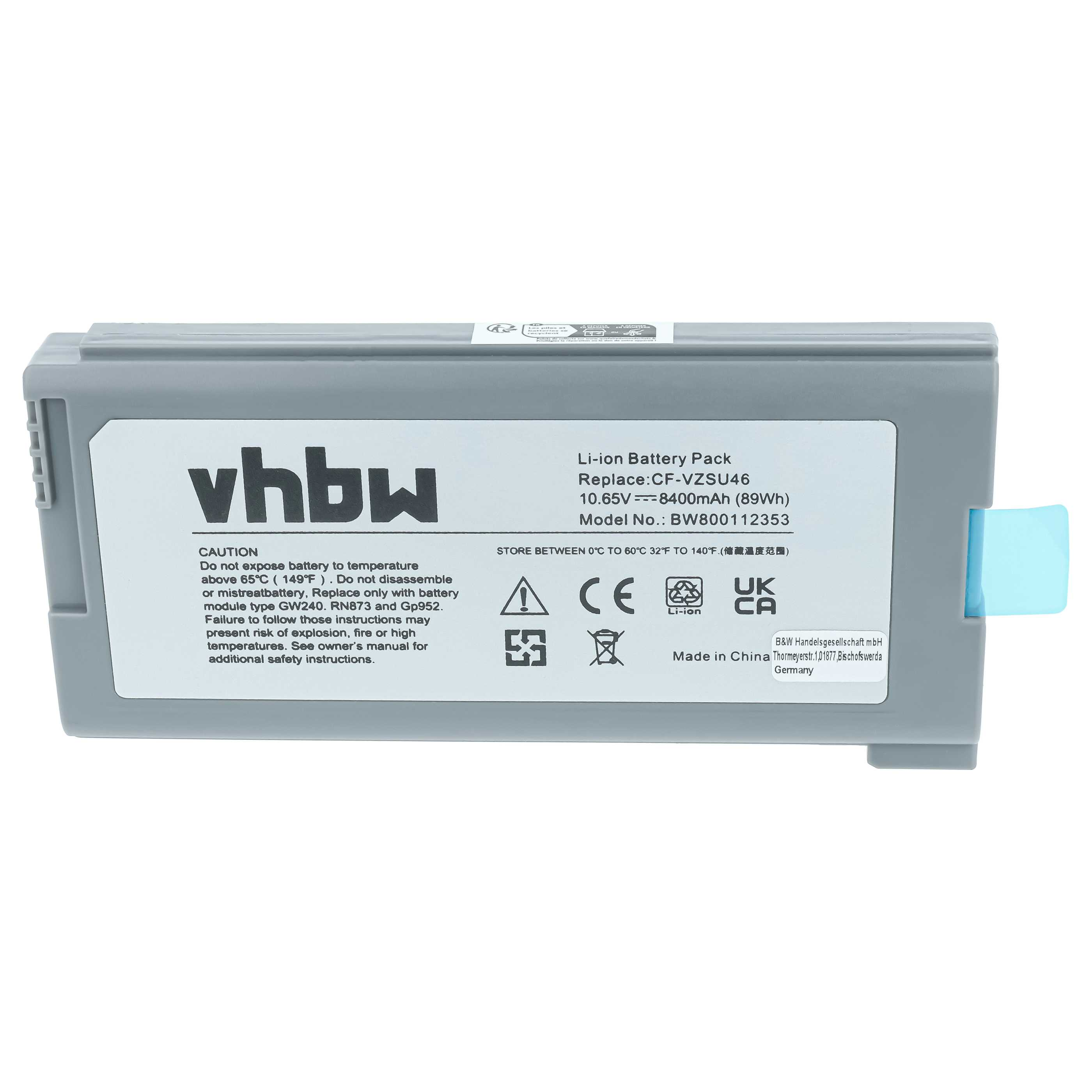 Grauer Li-Ion Akku mit Aufklebern: vhbw, Warnhinweise, CE, UKCA, Made in China.