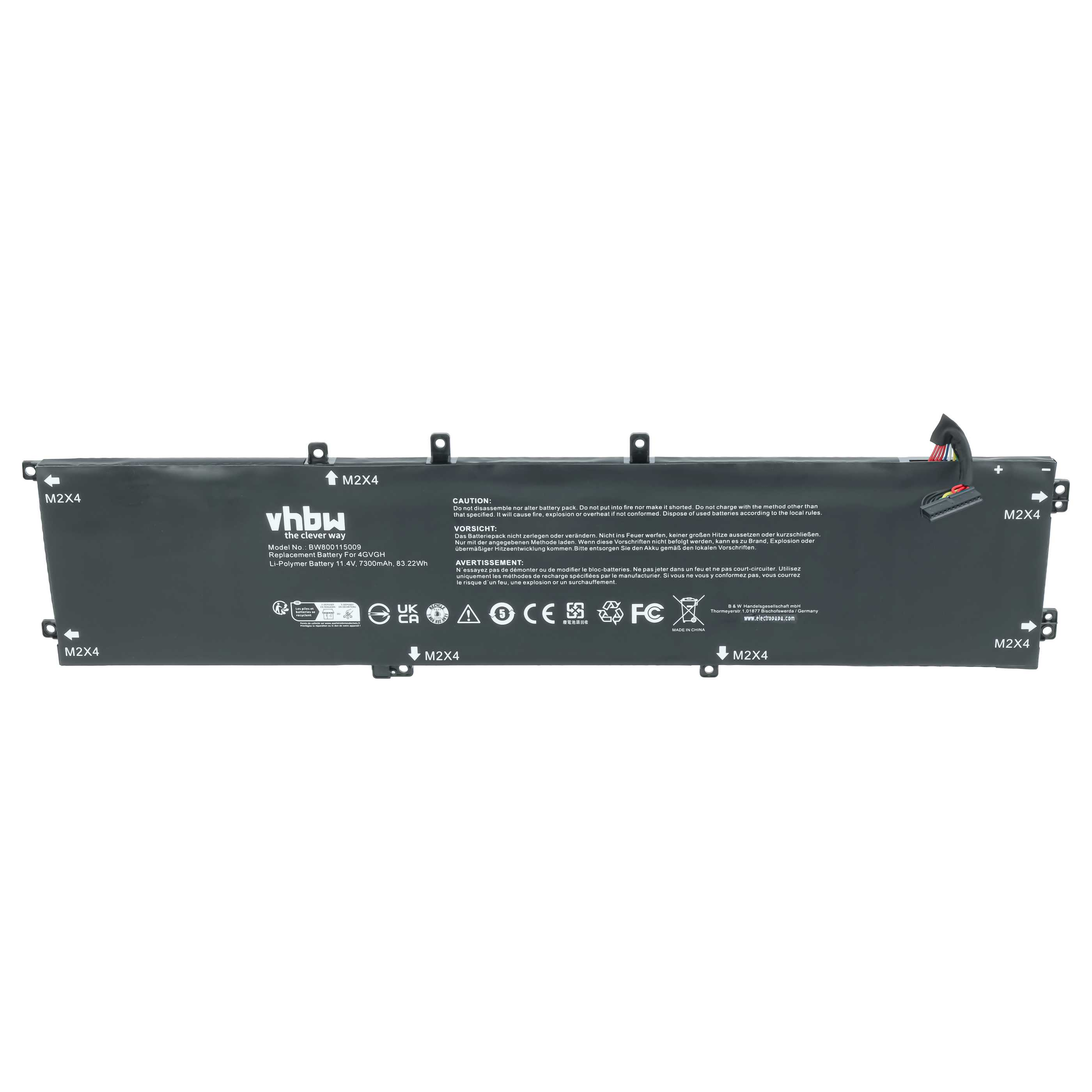 Schwarzer Laptop-Akku mit Warnhinweisen und Markenlogo. M2X4-Markierungen.
