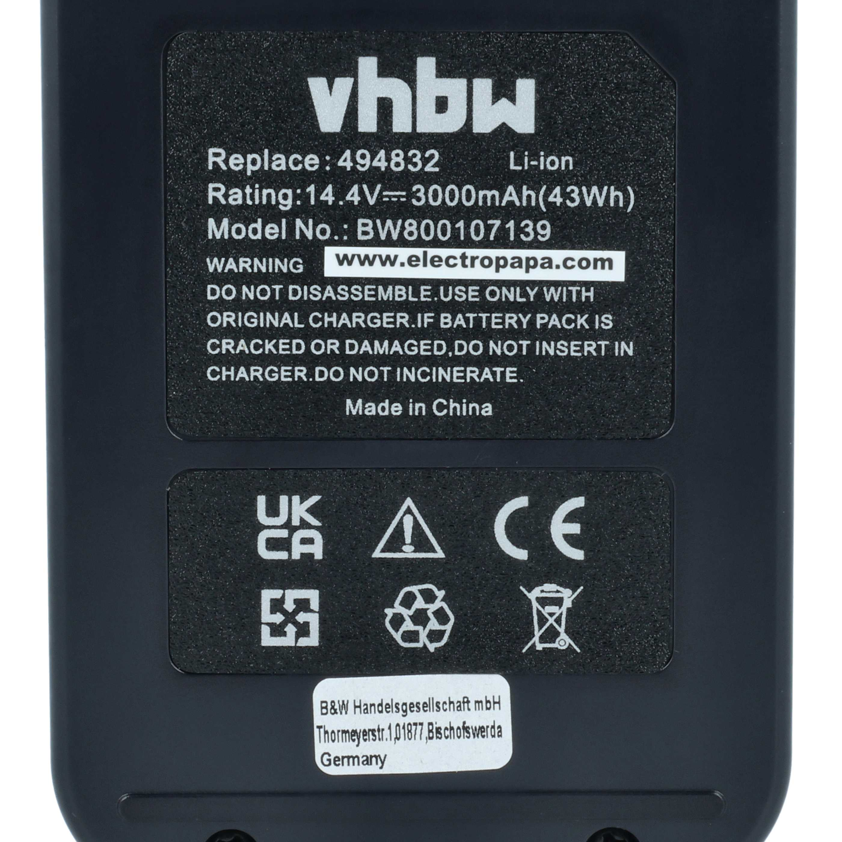 VHbW Akku: 14.4V, 3000mAh, Li-Ion. Hergestellt in China.