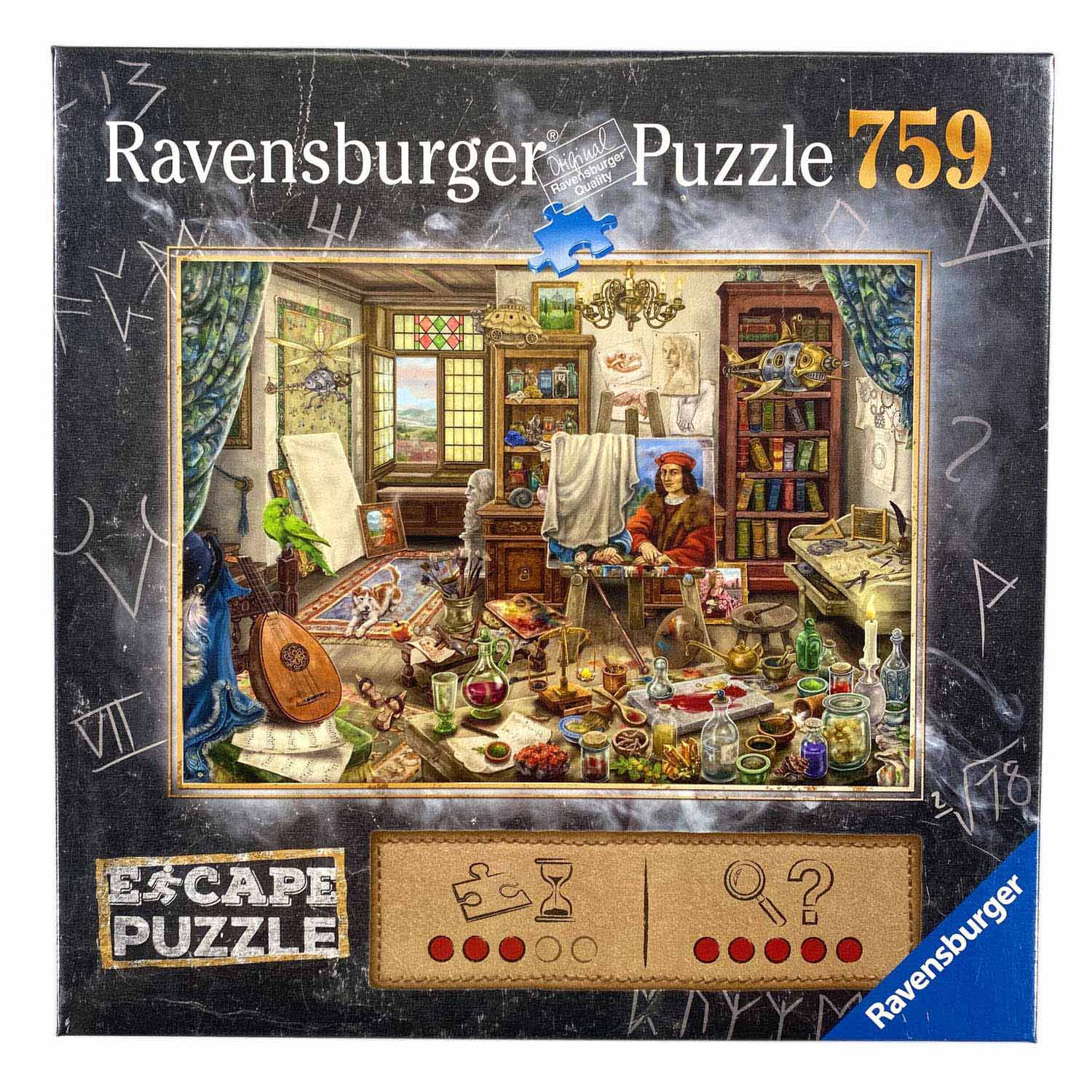 Ravensburger Escape Puzzle 759: Pracownia artysty pełna detali.